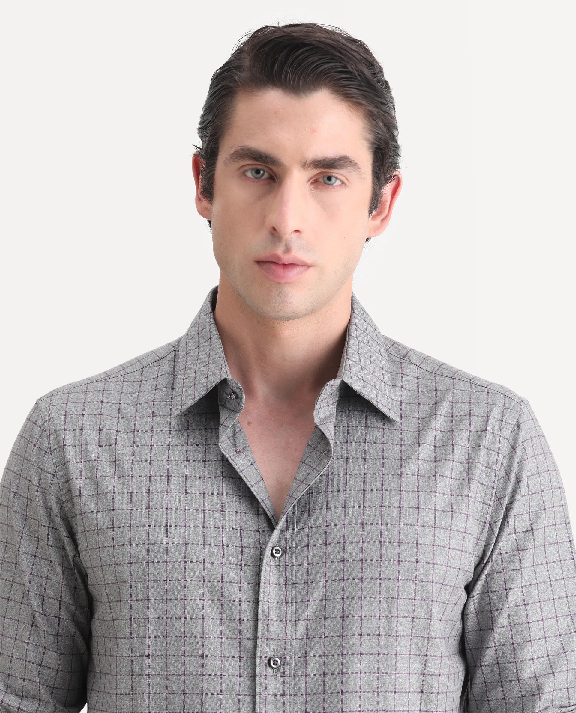 Rare Rabbit Men's Bronz Grey Cotton Checked Print Regular Fit Full Sleeve Collared Shirt