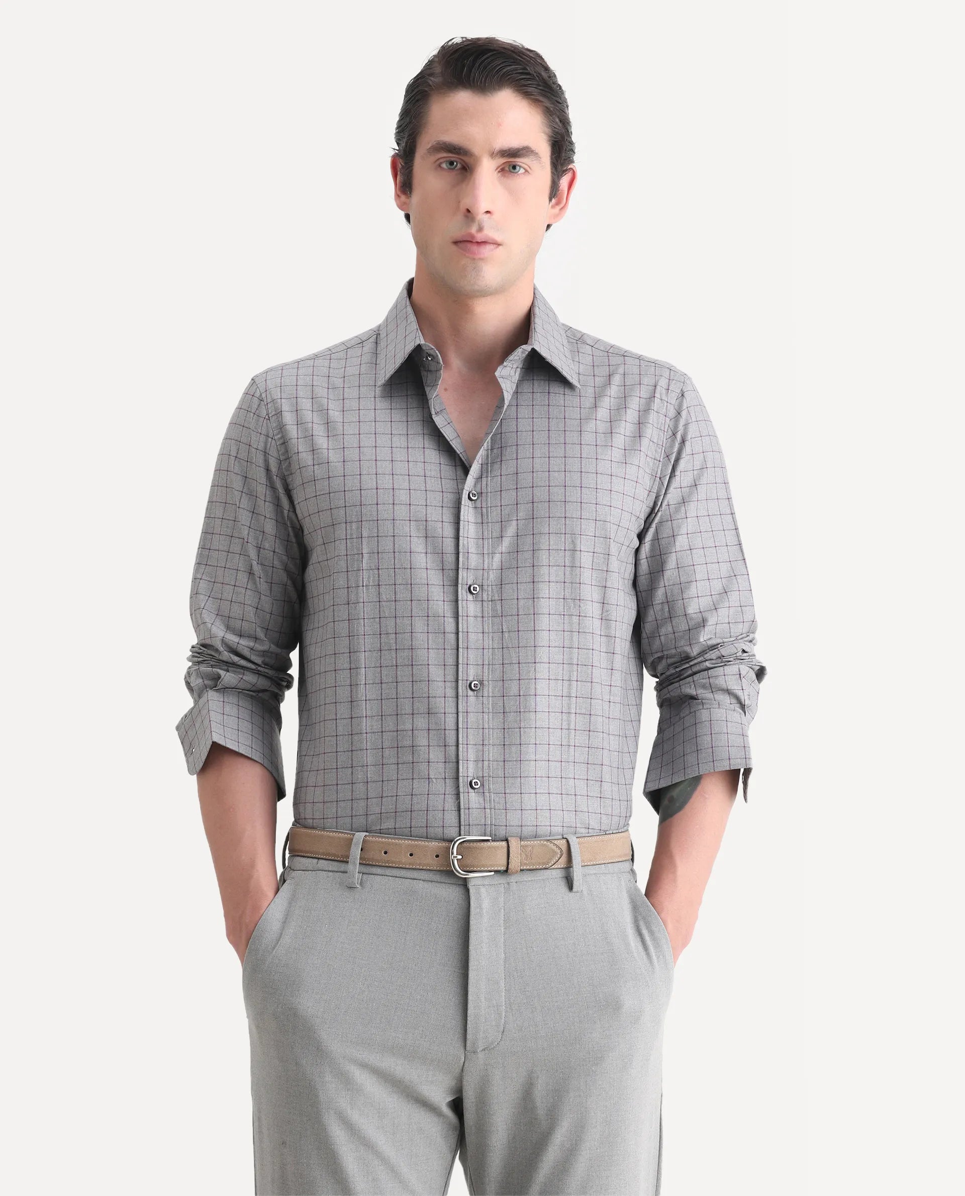 Rare Rabbit Men's Bronz Grey Cotton Checked Print Regular Fit Full Sleeve Collared Shirt