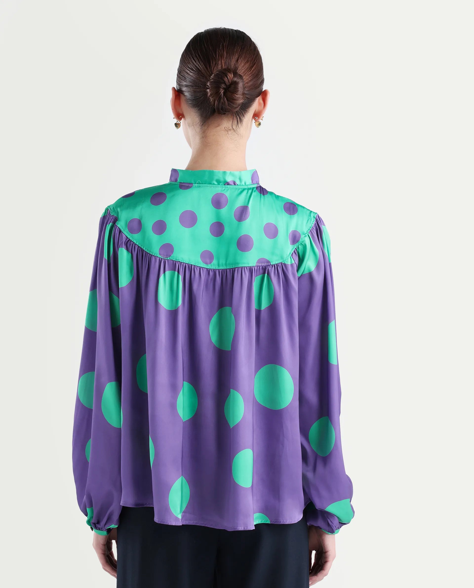 Rareism Women's Brust Purple Polyester Mandarin Collar Polka Print Bishop Sleeve Relaxed Fit Top