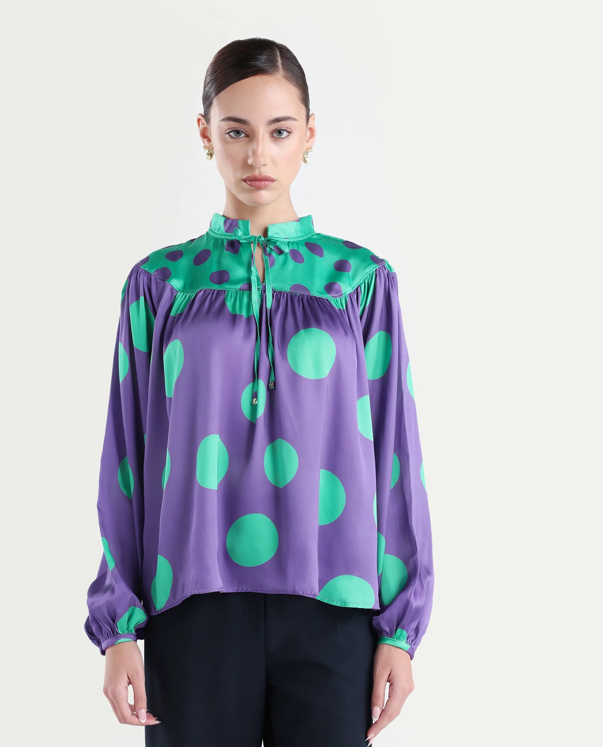 Rareism Women's Brust Purple Polyester Mandarin Collar Polka Print Bishop Sleeve Relaxed Fit Top