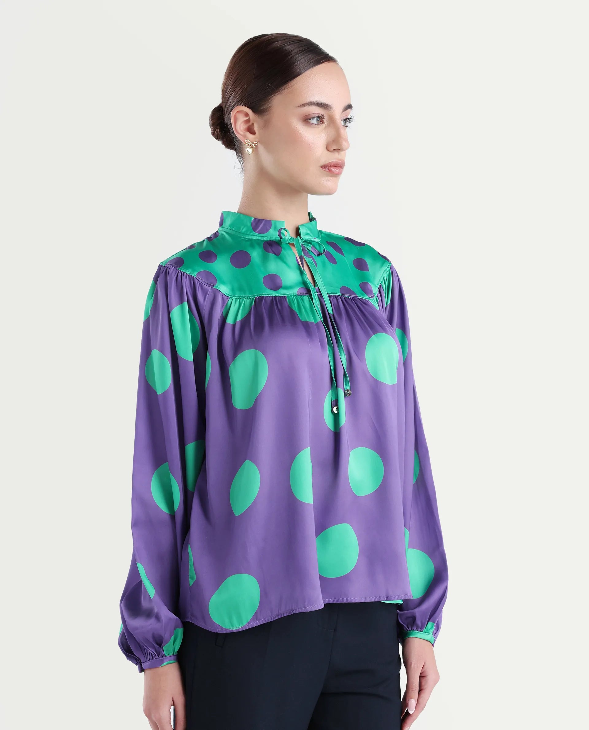 Rareism Women's Brust Purple Polyester Mandarin Collar Polka Print Bishop Sleeve Relaxed Fit Top