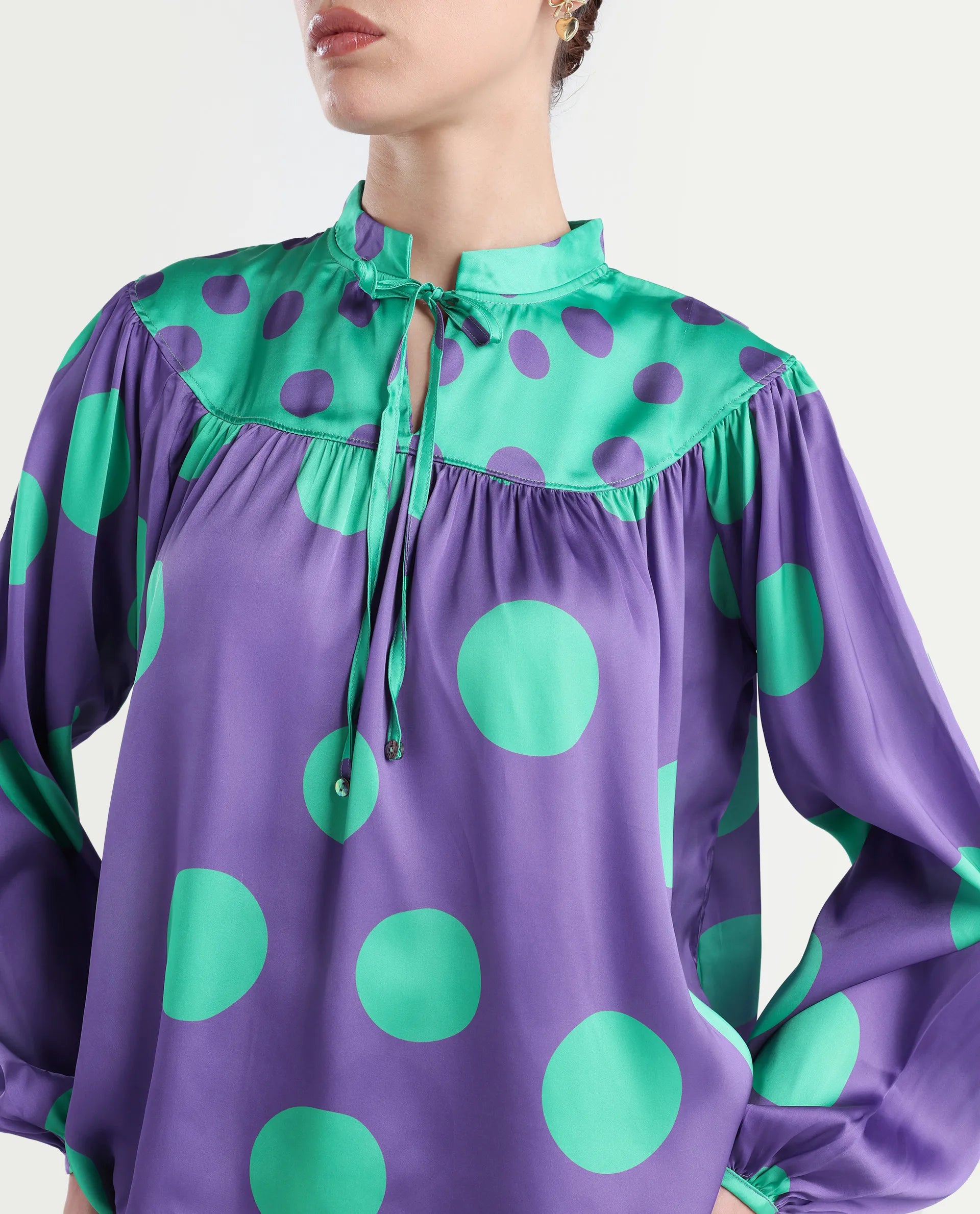 Rareism Women's Brust Purple Polyester Mandarin Collar Polka Print Bishop Sleeve Relaxed Fit Top