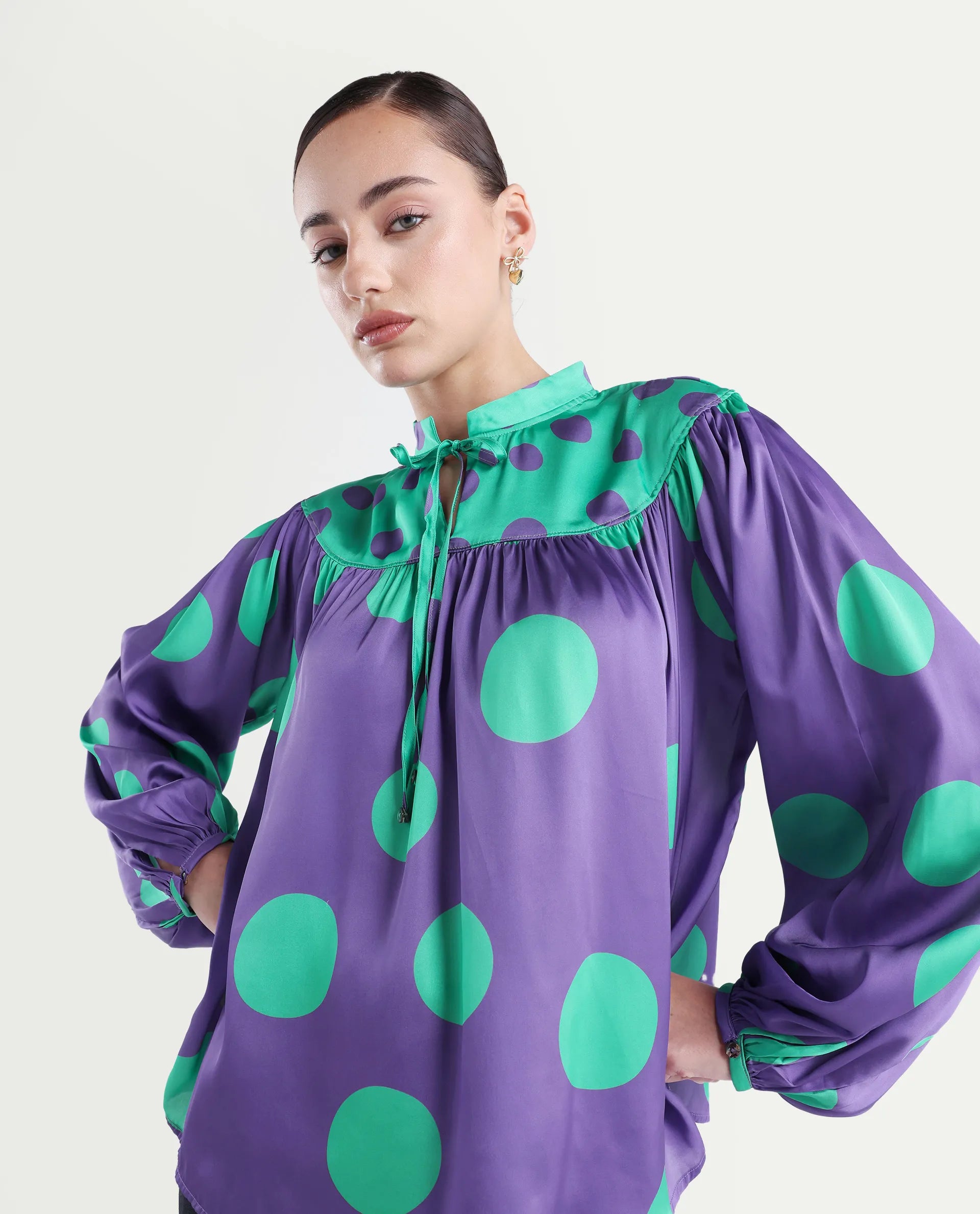 Rareism Women's Brust Purple Polyester Mandarin Collar Polka Print Bishop Sleeve Relaxed Fit Top