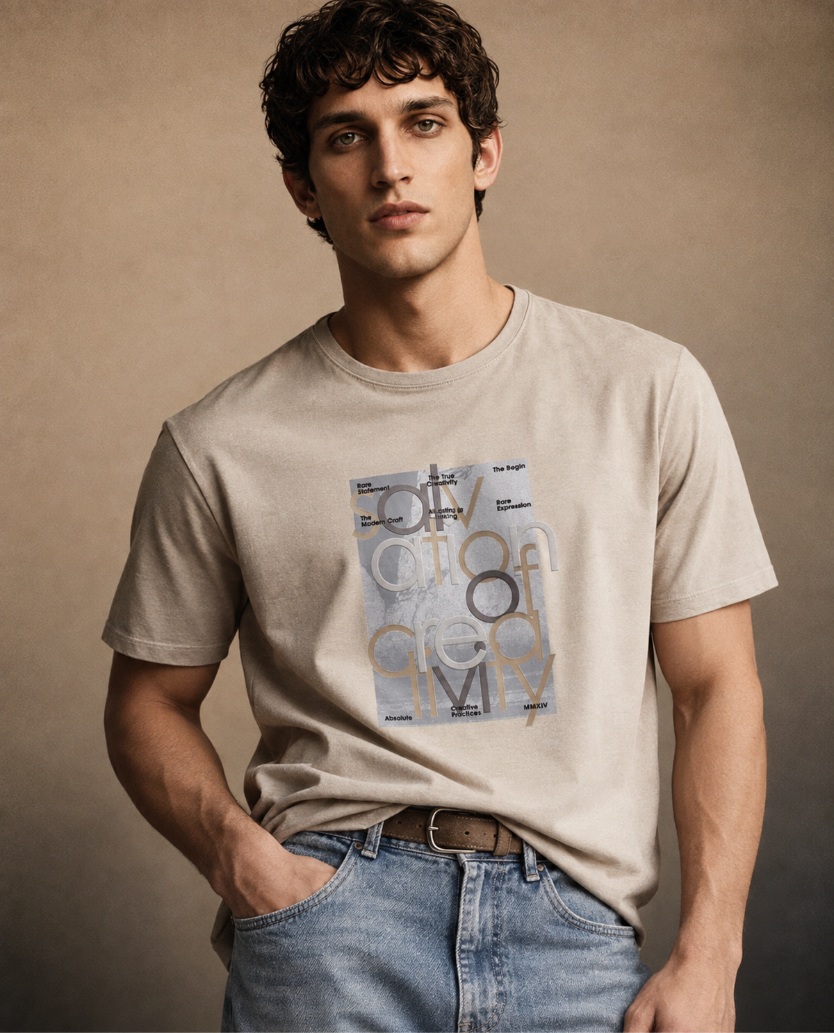 Rare Rabbit Men's Bryn Light Beige Cotton Blend Crew Neck Regular Graphic Print T-Shirt