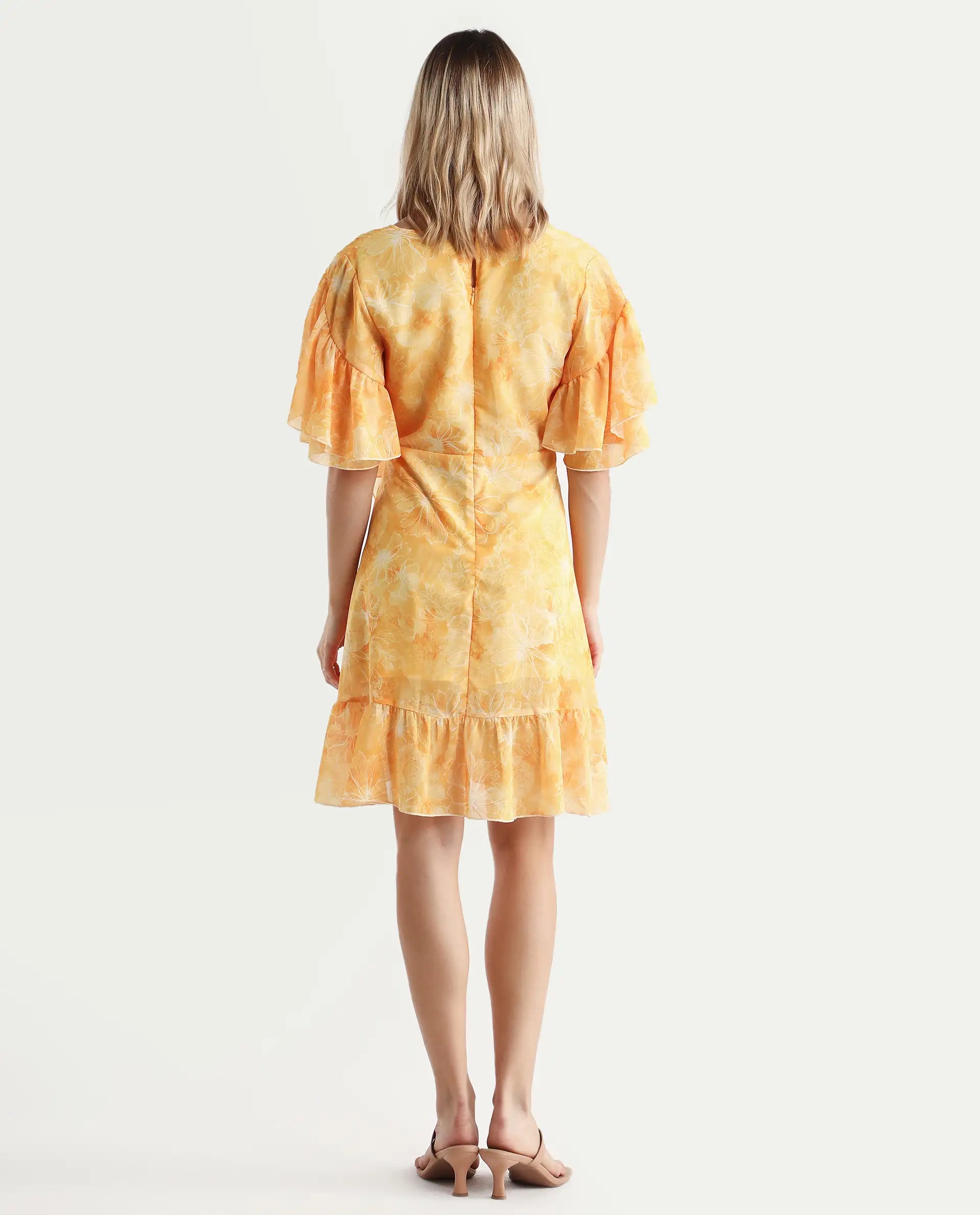 Rareism Women's Buckley Yellow Polyester Overlap Neck Floral Print Raglan Sleeve Knee Length Fit And Flare Dress