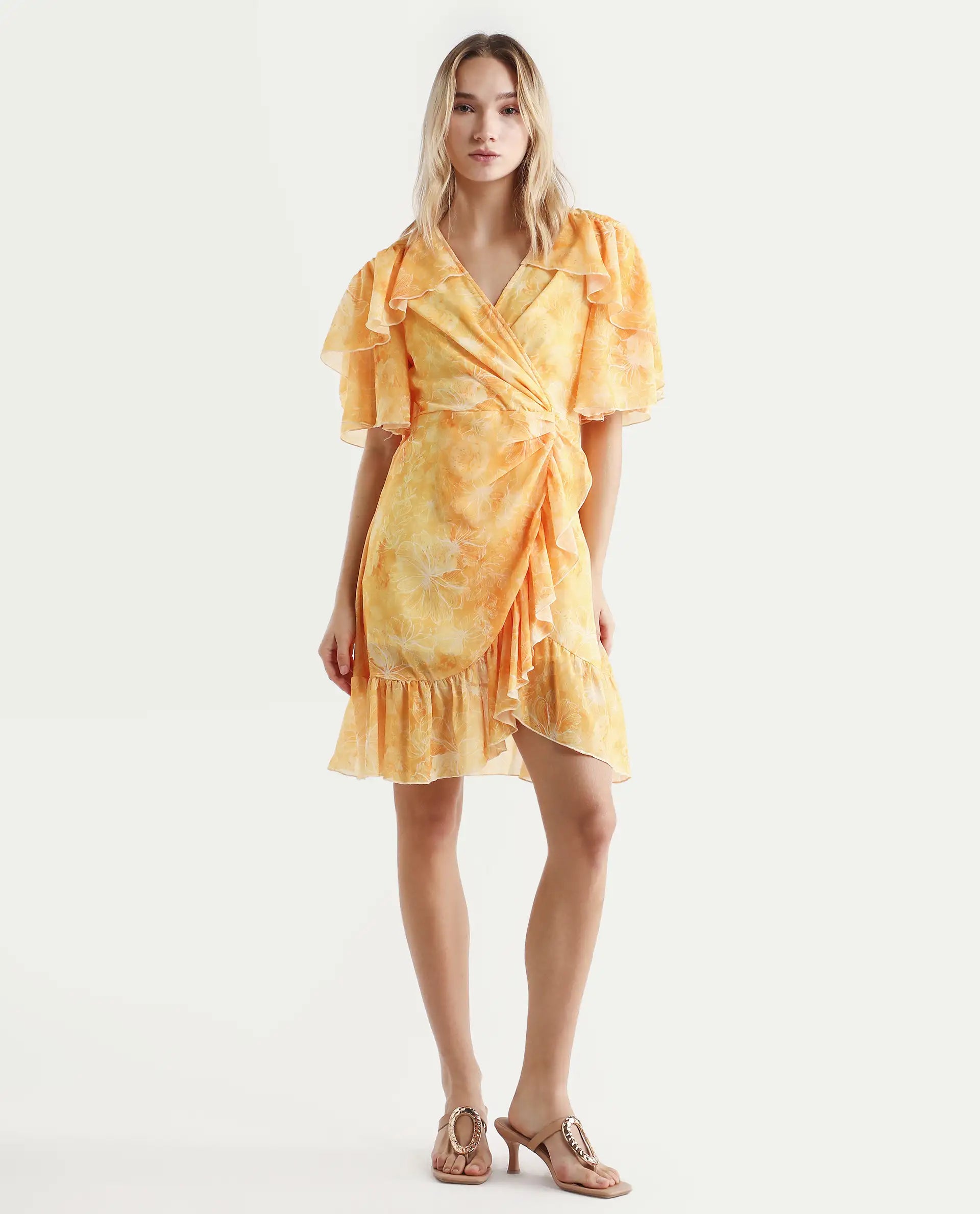 Rareism Women's Buckley Yellow Polyester Overlap Neck Floral Print Raglan Sleeve Knee Length Fit And Flare Dress