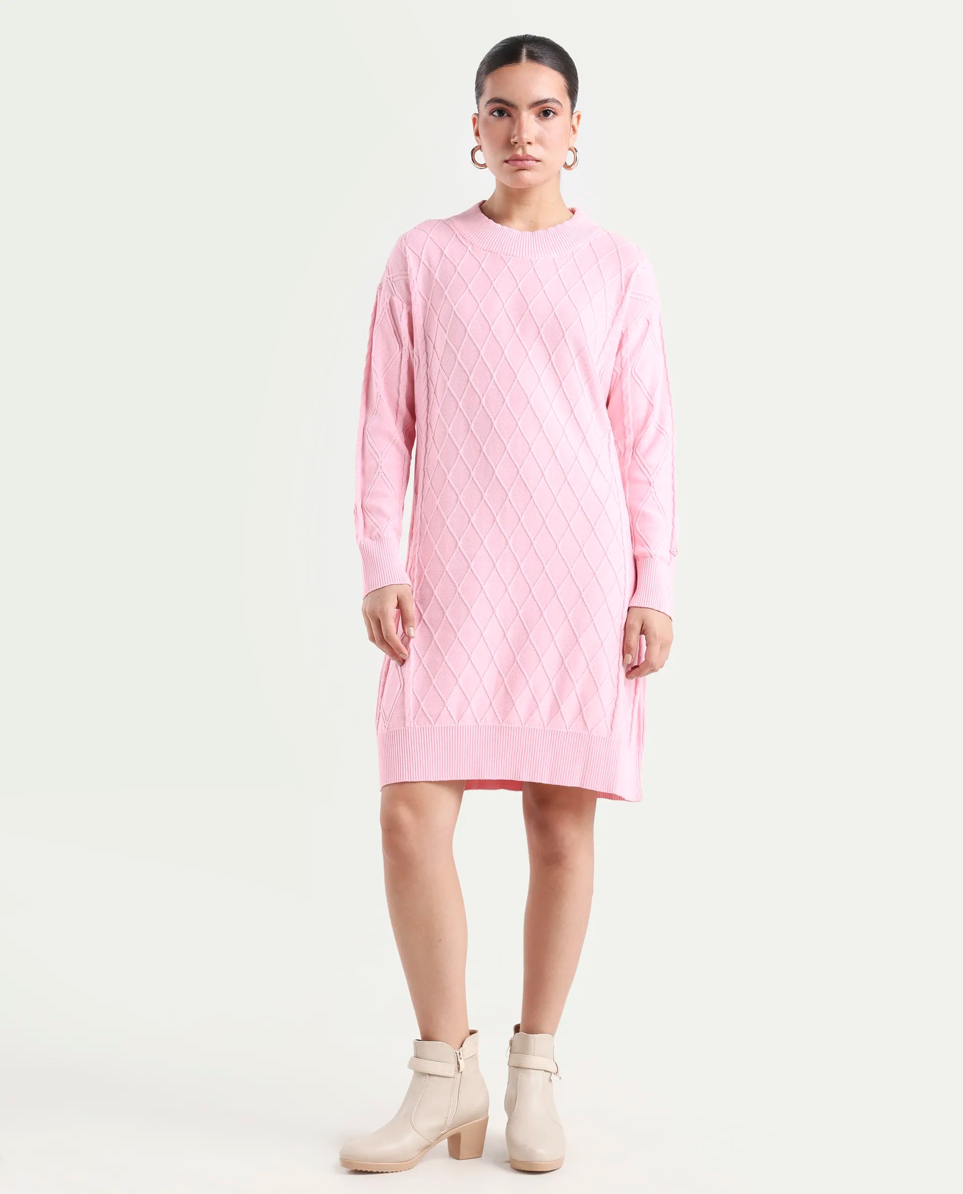 Rareism Women's Budd Light Pink Cotton Crew Neck Plain Knee Length Regular Fit Sweater