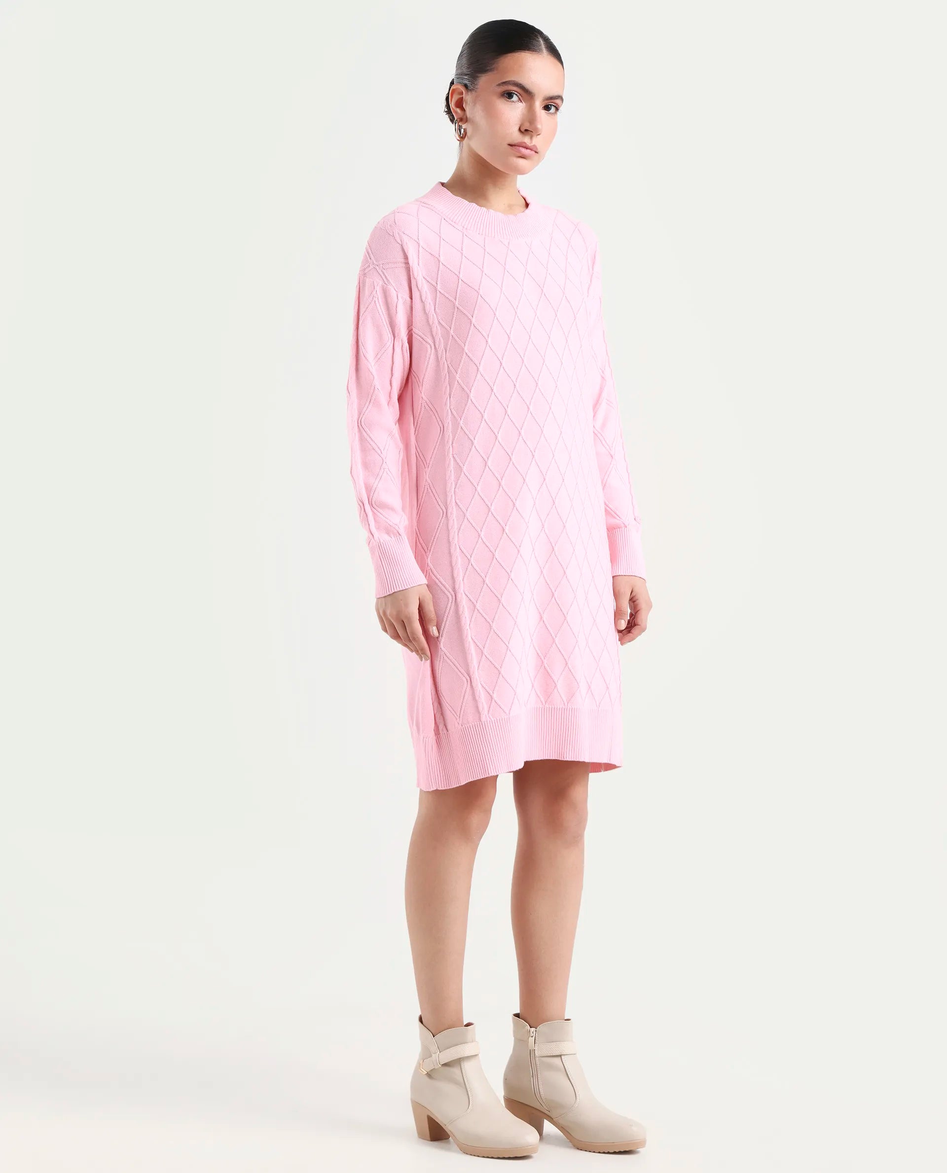 Rareism Women's Budd Light Pink Cotton Crew Neck Plain Knee Length Regular Fit Sweater