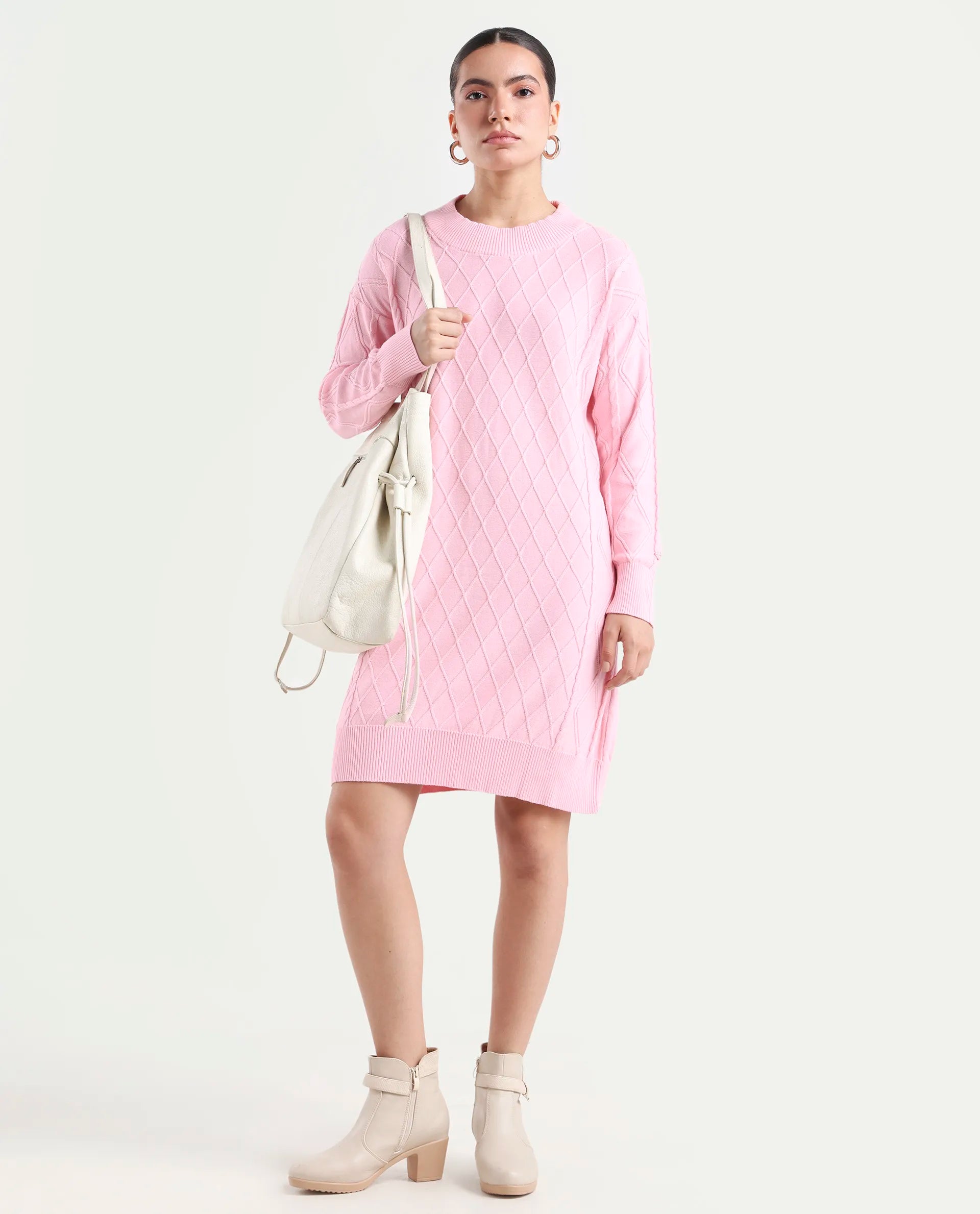 Rareism Women's Budd Light Pink Cotton Crew Neck Plain Knee Length Regular Fit Sweater