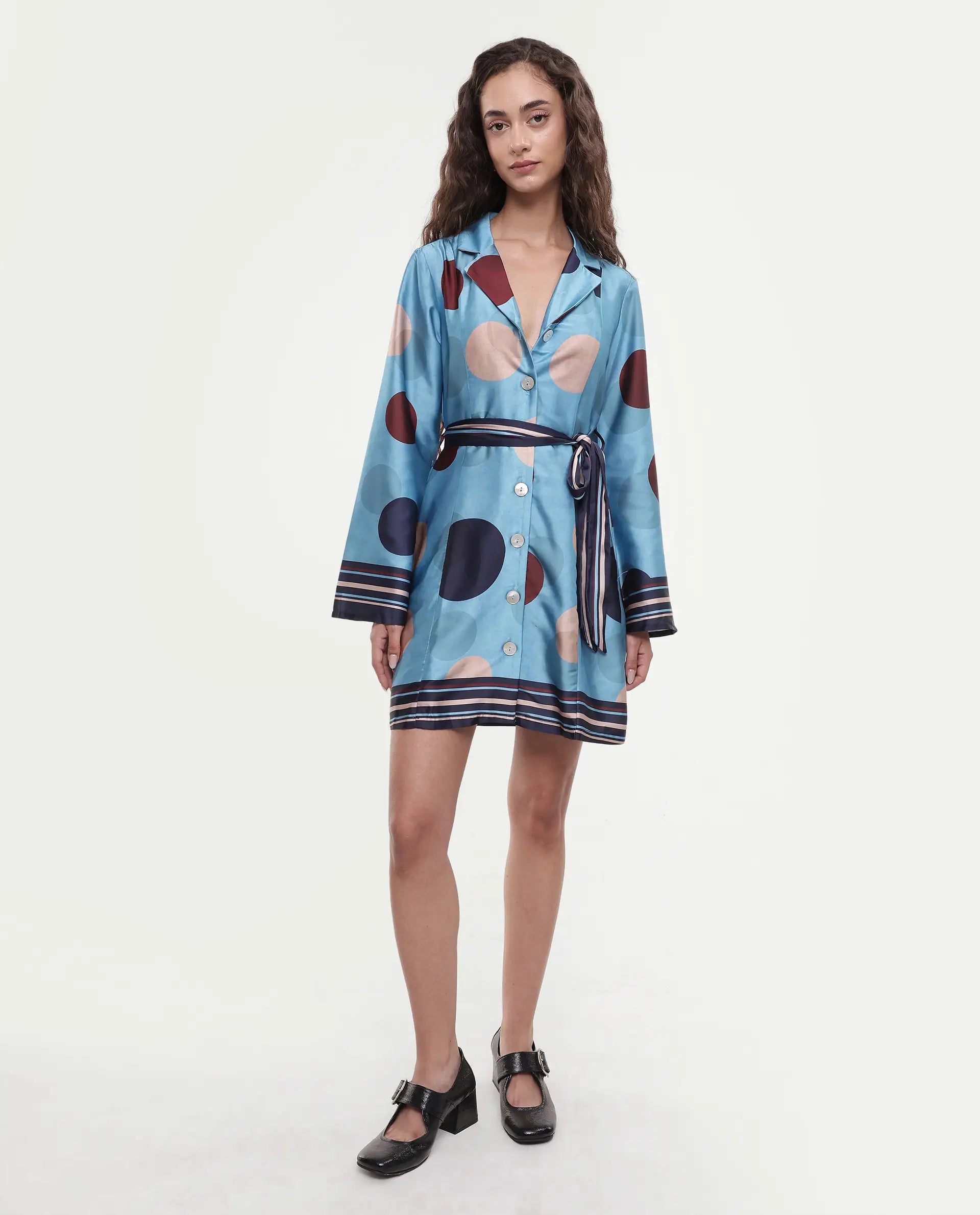 Rareism Women's Buffe Dusky Blue Polyester Lapel Neck Polka Print Bell Sleeve Mini Regular Fit Dress
