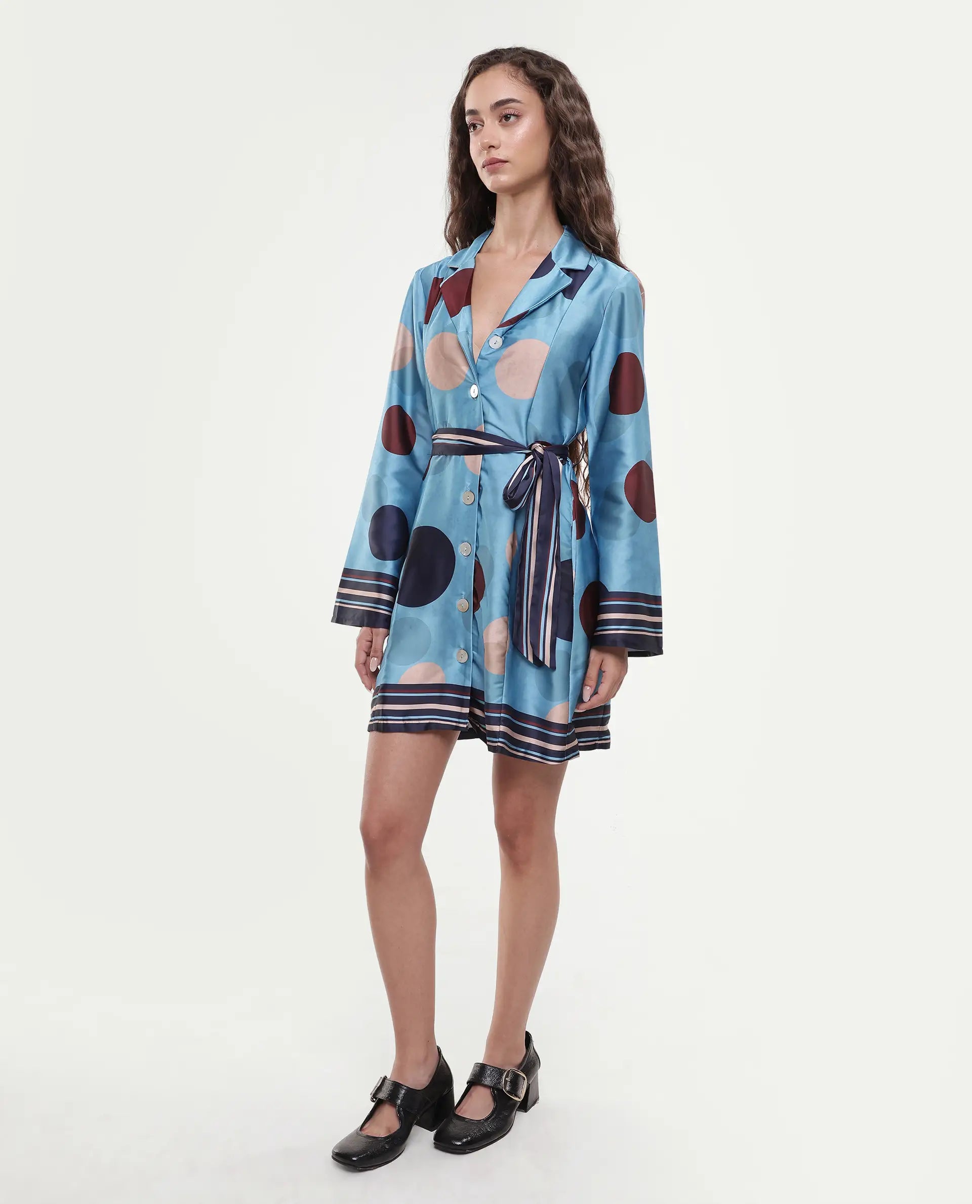 Rareism Women's Buffe Dusky Blue Polyester Lapel Neck Polka Print Bell Sleeve Mini Regular Fit Dress