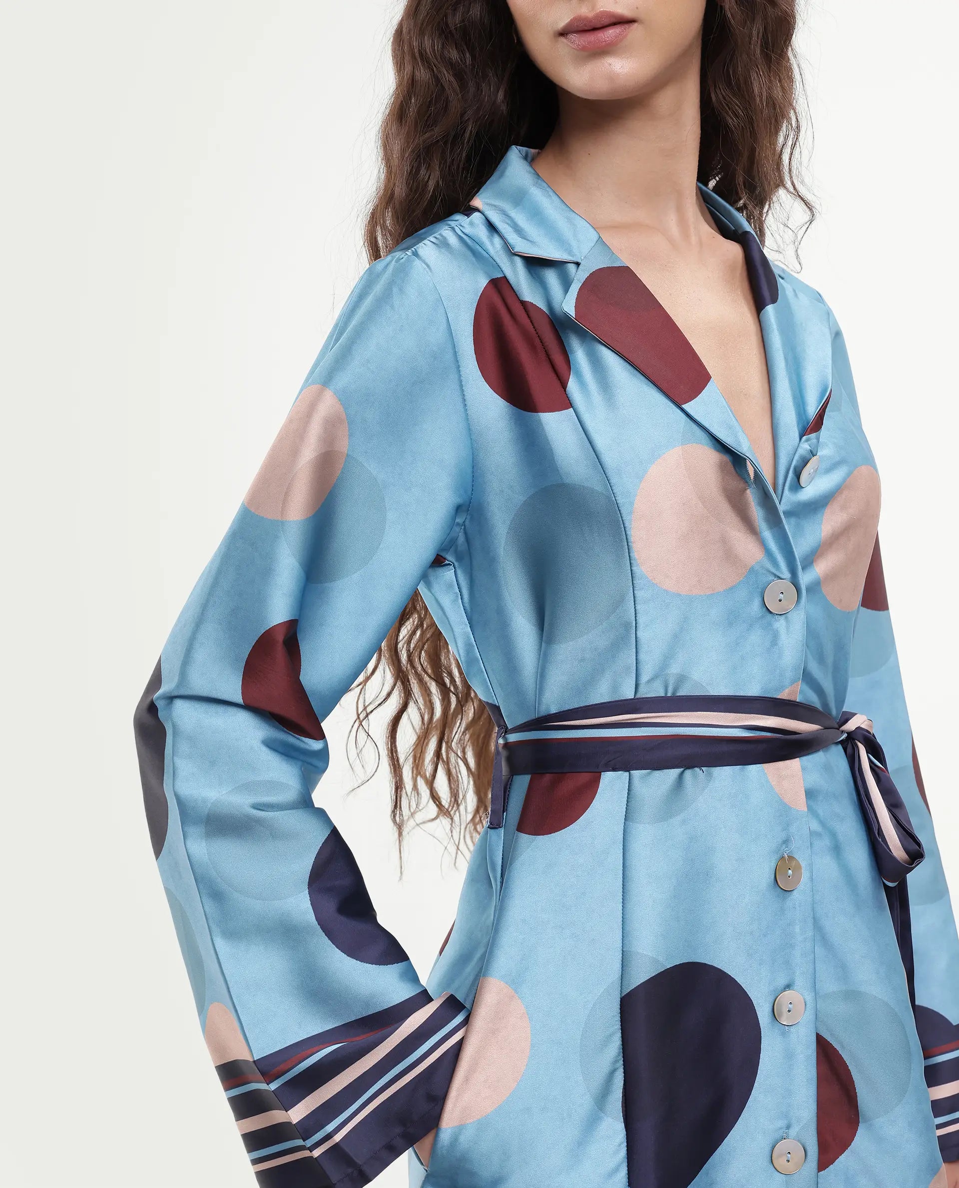 Rareism Women's Buffe Dusky Blue Polyester Lapel Neck Polka Print Bell Sleeve Mini Regular Fit Dress