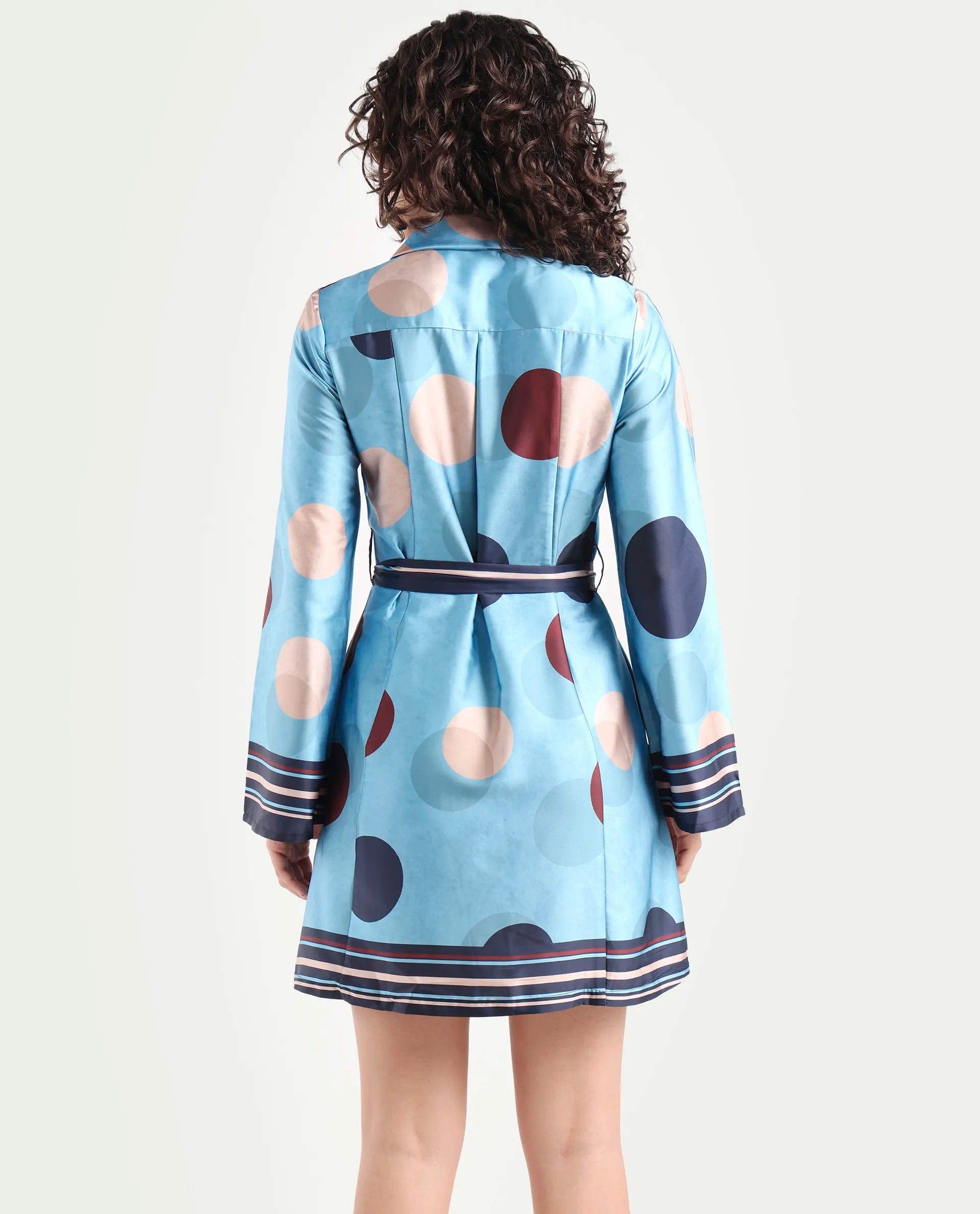 Rareism Women's Buffe Dusky Blue Polyester Lapel Neck Polka Print Bell Sleeve Mini Regular Fit Dress