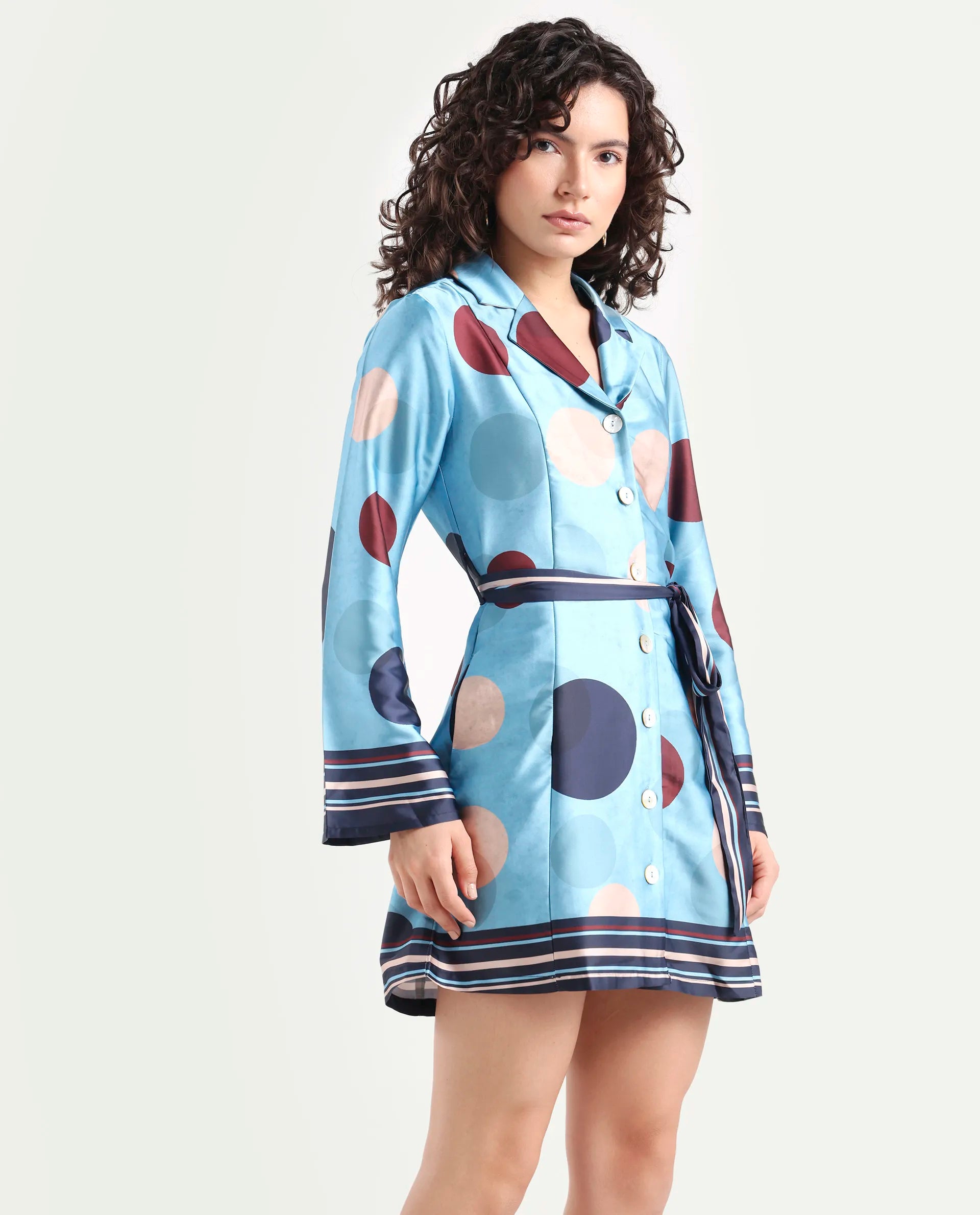 Rareism Women's Buffe Dusky Blue Polyester Lapel Neck Polka Print Bell Sleeve Mini Regular Fit Dress