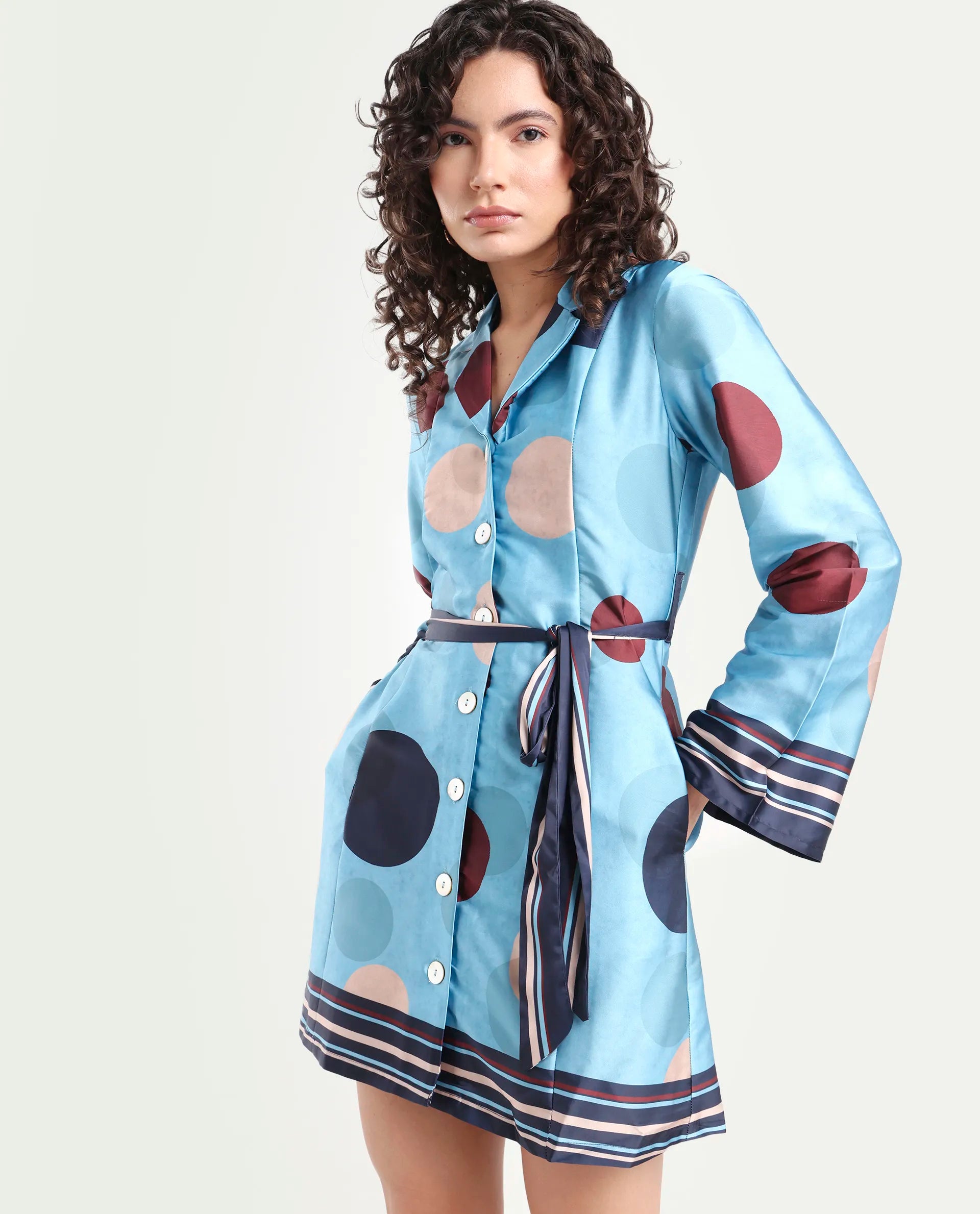 Rareism Women's Buffe Dusky Blue Polyester Lapel Neck Polka Print Bell Sleeve Mini Regular Fit Dress