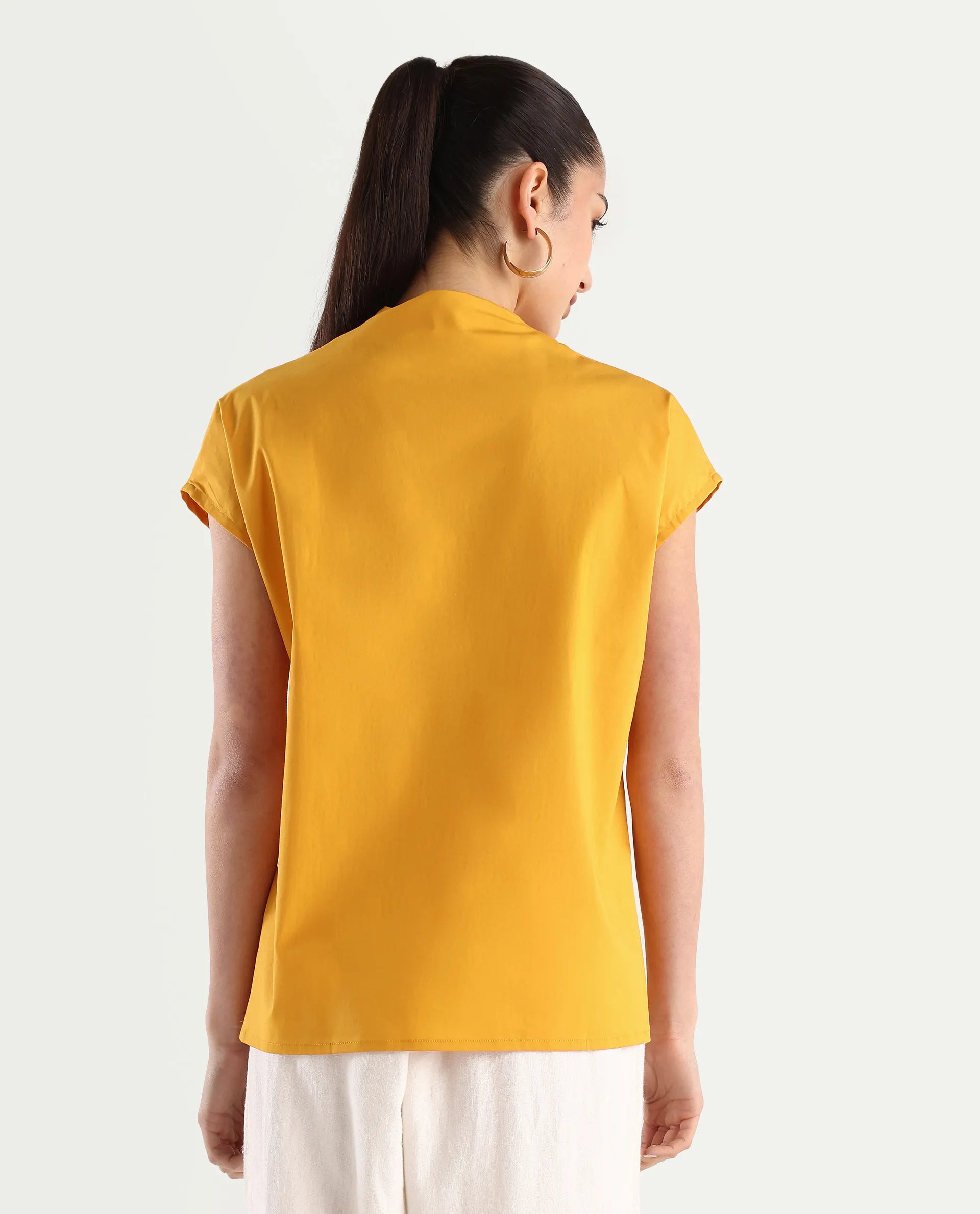 Rareism Women's Buijit Yellow Polyester Blend V-Neck Plain Extended Sleeves Regular Fit Top