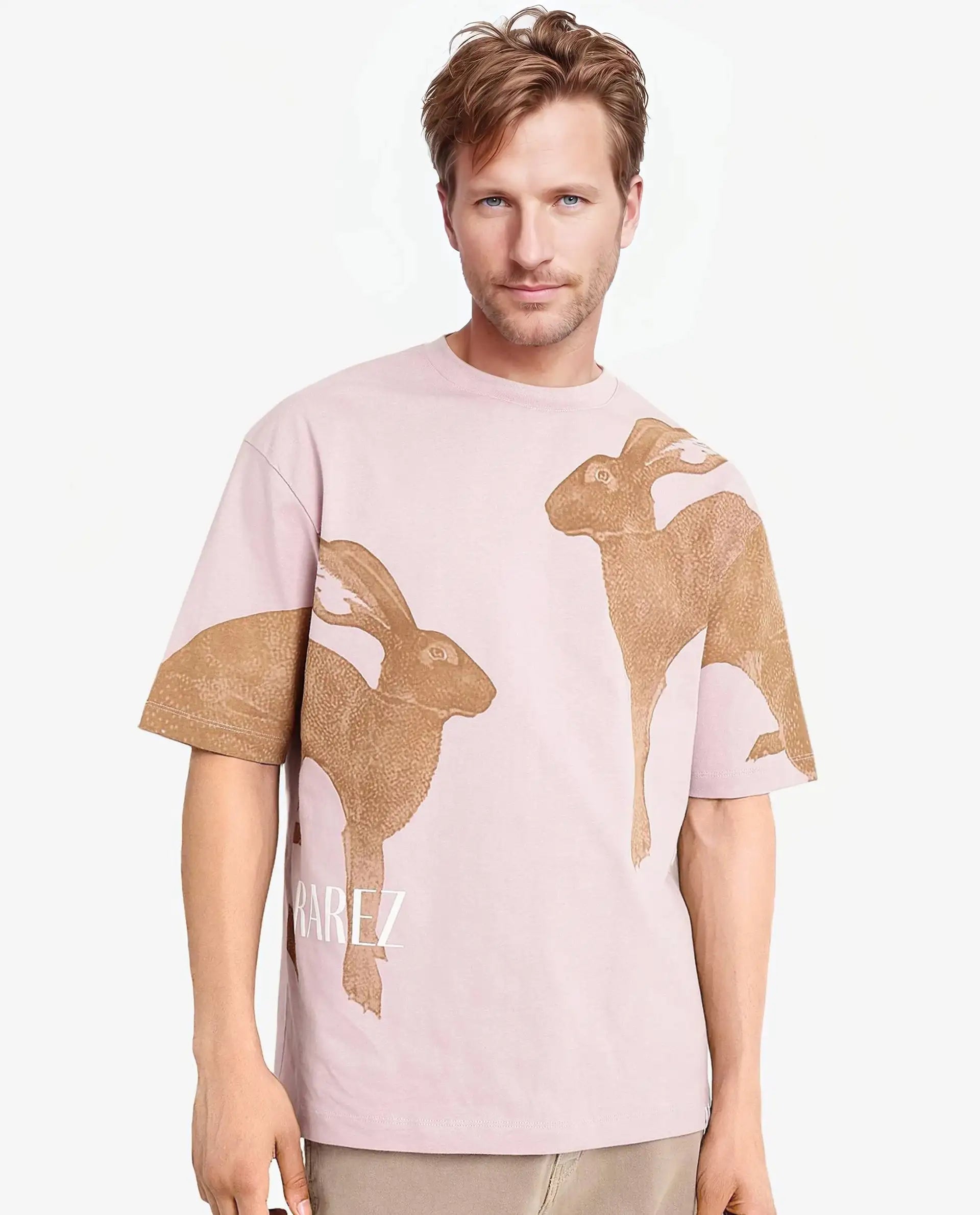 Rare Rabbit Men Bunn Dusky Pink Short Sleeve Crew Neck Oversized Fit Graphic Print T-Shirt
