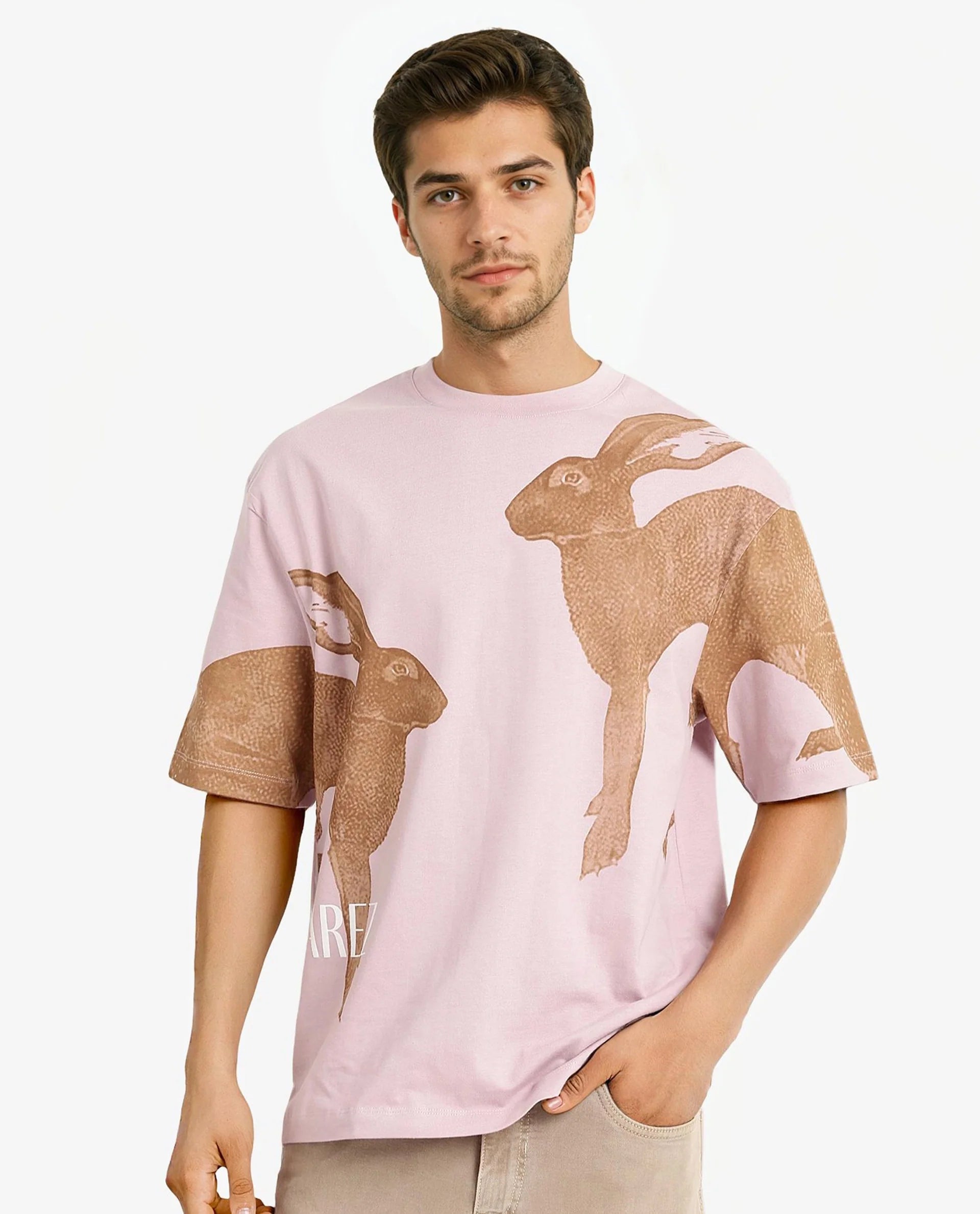 Rare Rabbit Men Bunn Dusky Pink Short Sleeve Crew Neck Oversized Fit Graphic Print T-Shirt