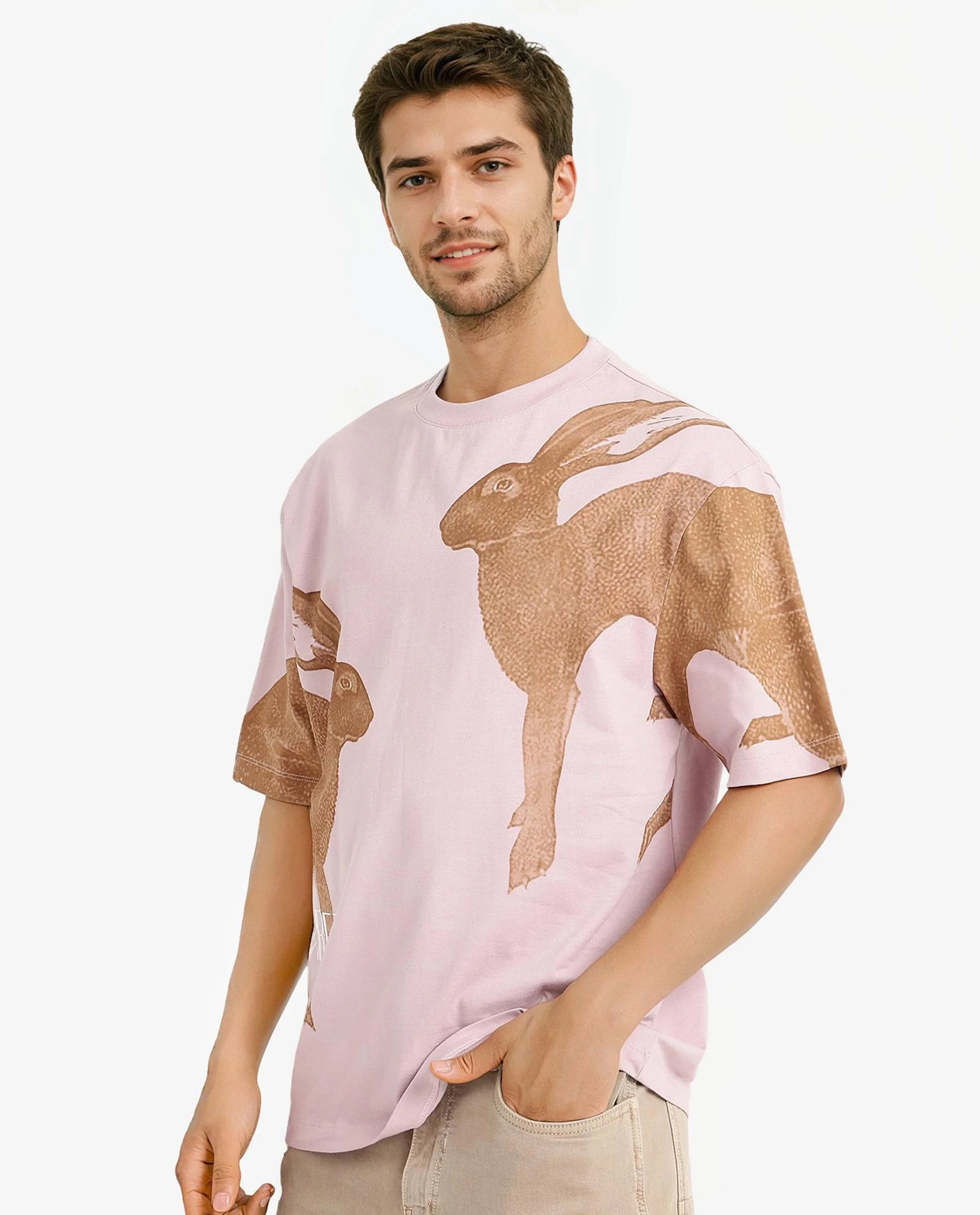 Rare Rabbit Men Bunn Dusky Pink Short Sleeve Crew Neck Oversized Fit Graphic Print T-Shirt