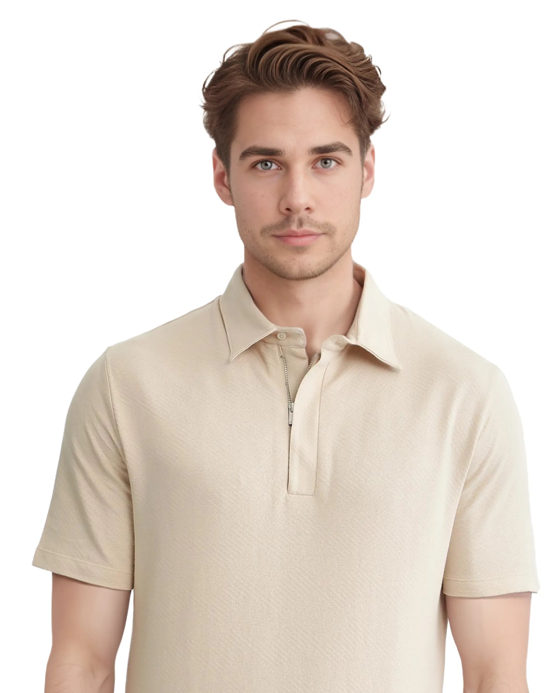 Rare Rabbit Men Caben Light Beige Cotton Fabric Zipper Closure Half Sleeve Tonal Jacquard Polo T-Shirt