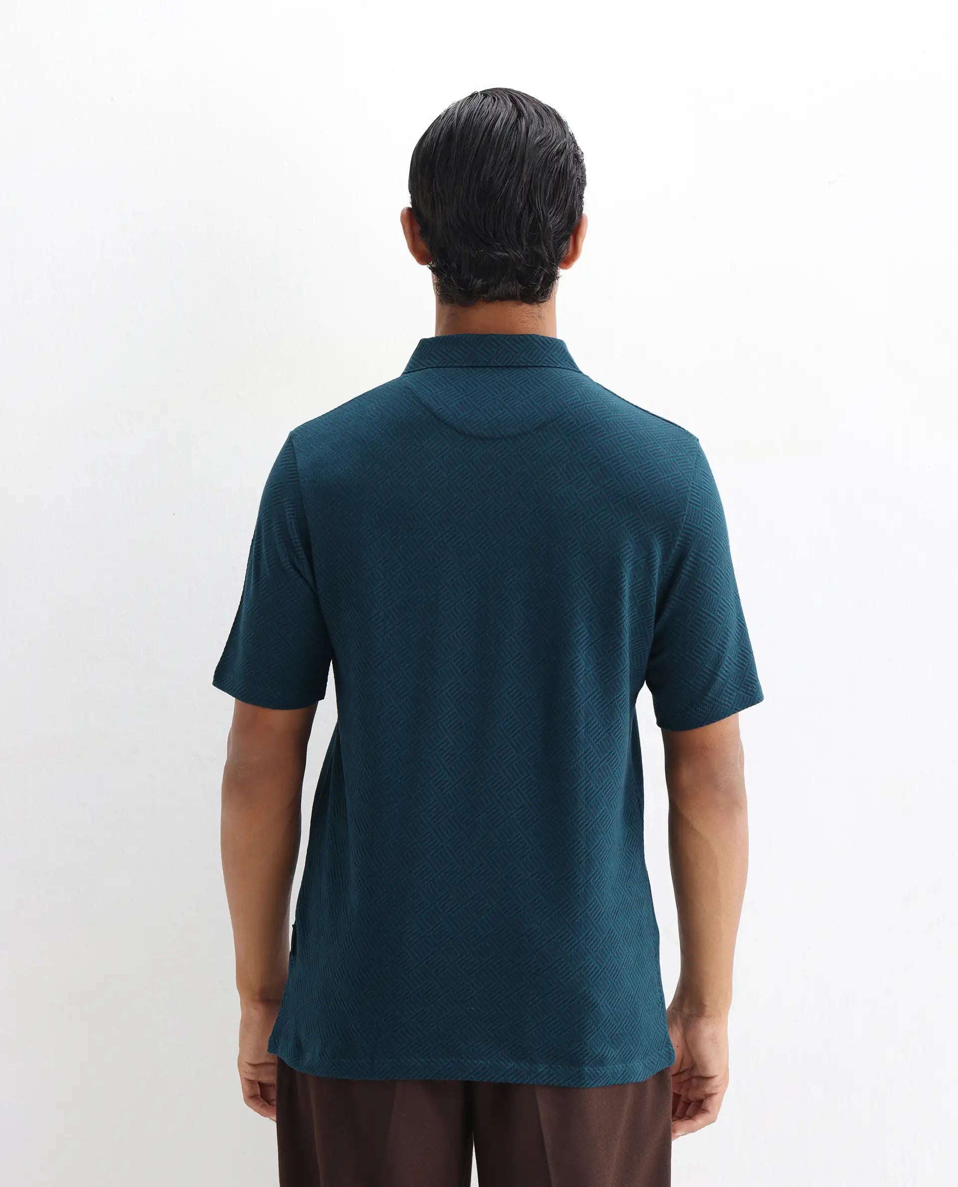 Rare Rabbit Men's Cabetta Navy Cotton Jacquard Regular Fit Half Sleeve Polo