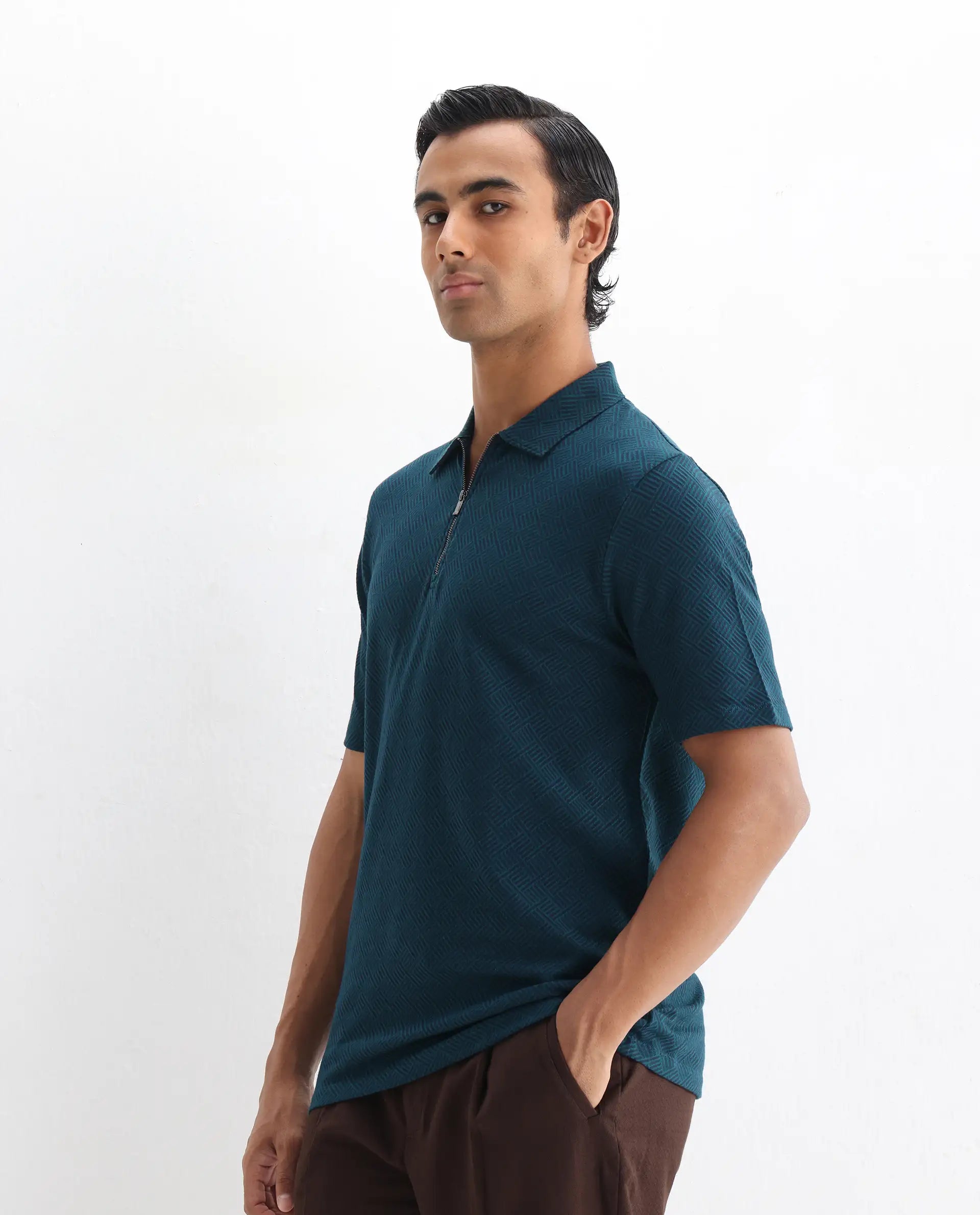 Rare Rabbit Men's Cabetta Navy Cotton Jacquard Regular Fit Half Sleeve Polo