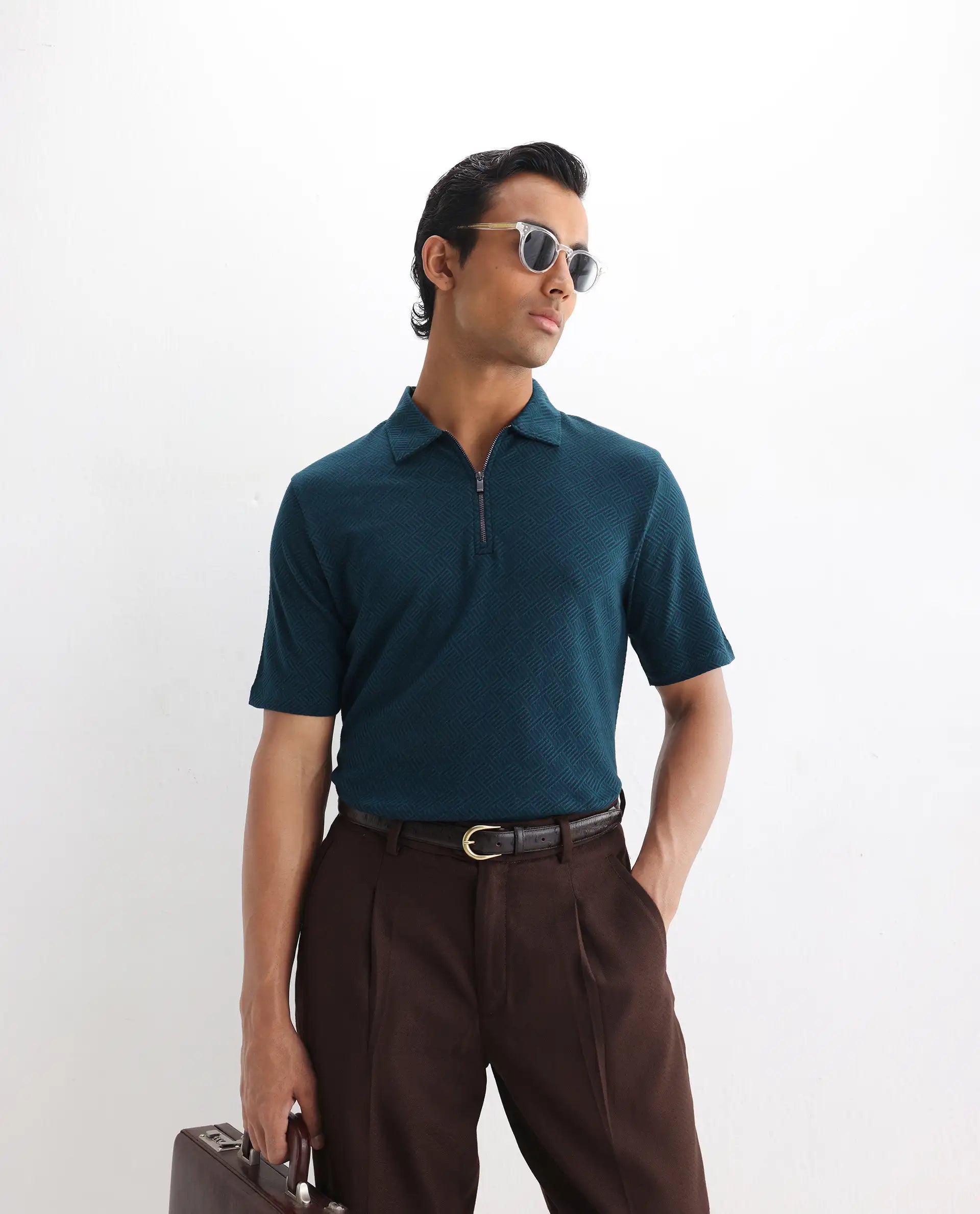 Rare Rabbit Men's Cabetta Navy Cotton Jacquard Regular Fit Half Sleeve Polo