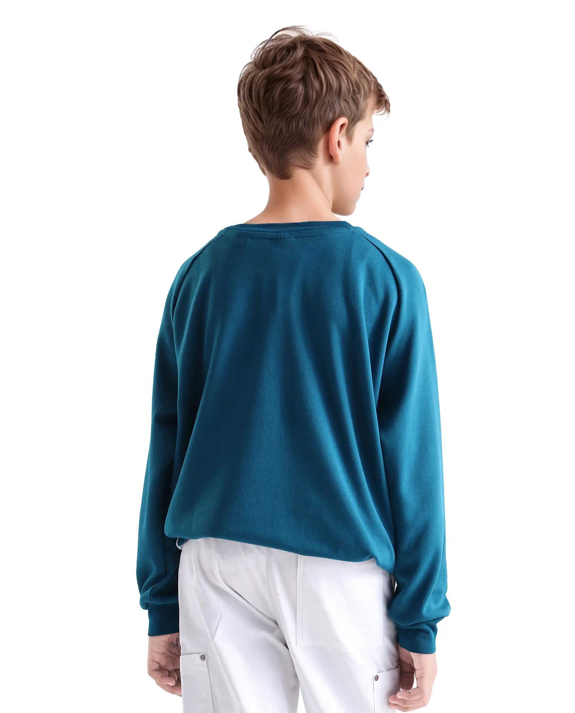 Rare Ones Kids Cadi Teal Cotton Blend Full Sleeves Embossed Oversized Sweatshirt