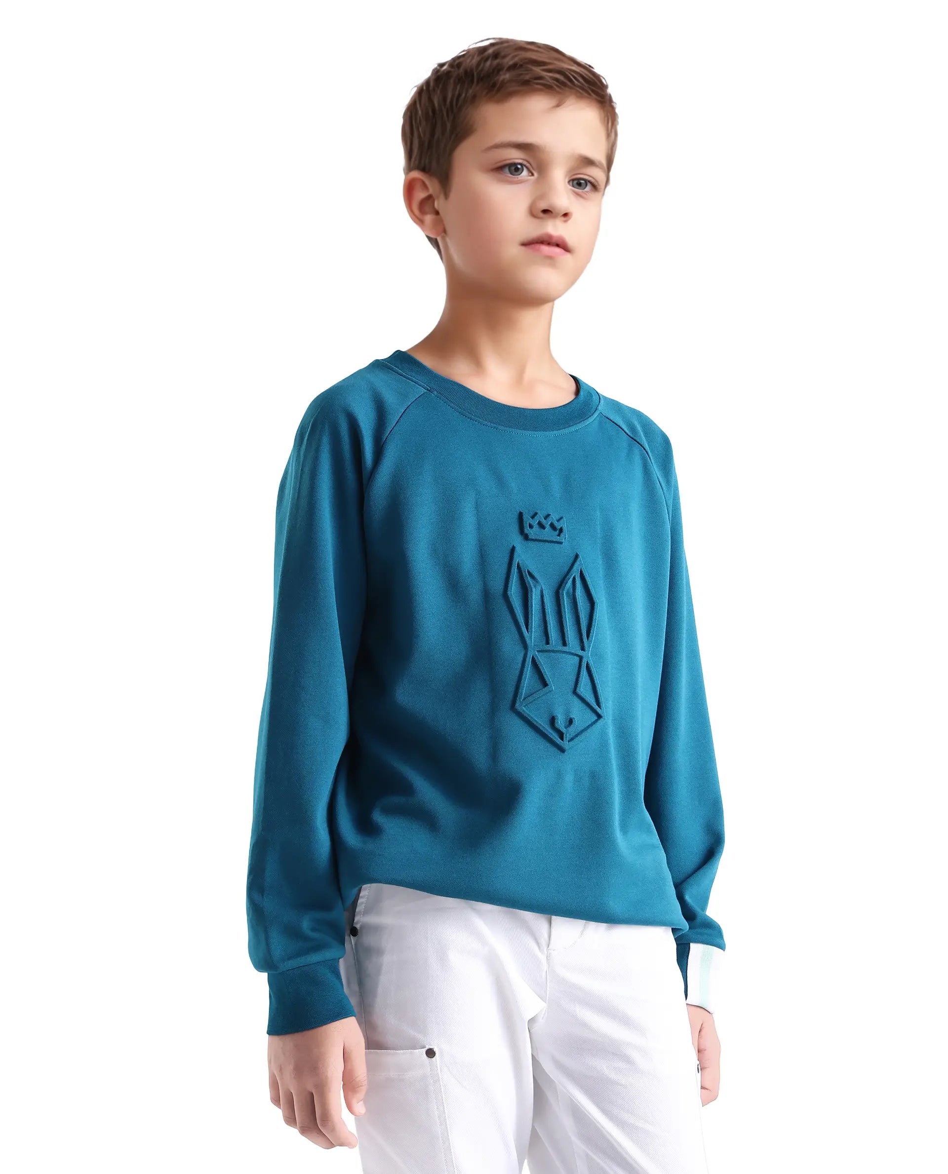 Rare Ones Kids Cadi Teal Cotton Blend Full Sleeves Embossed Oversized Sweatshirt