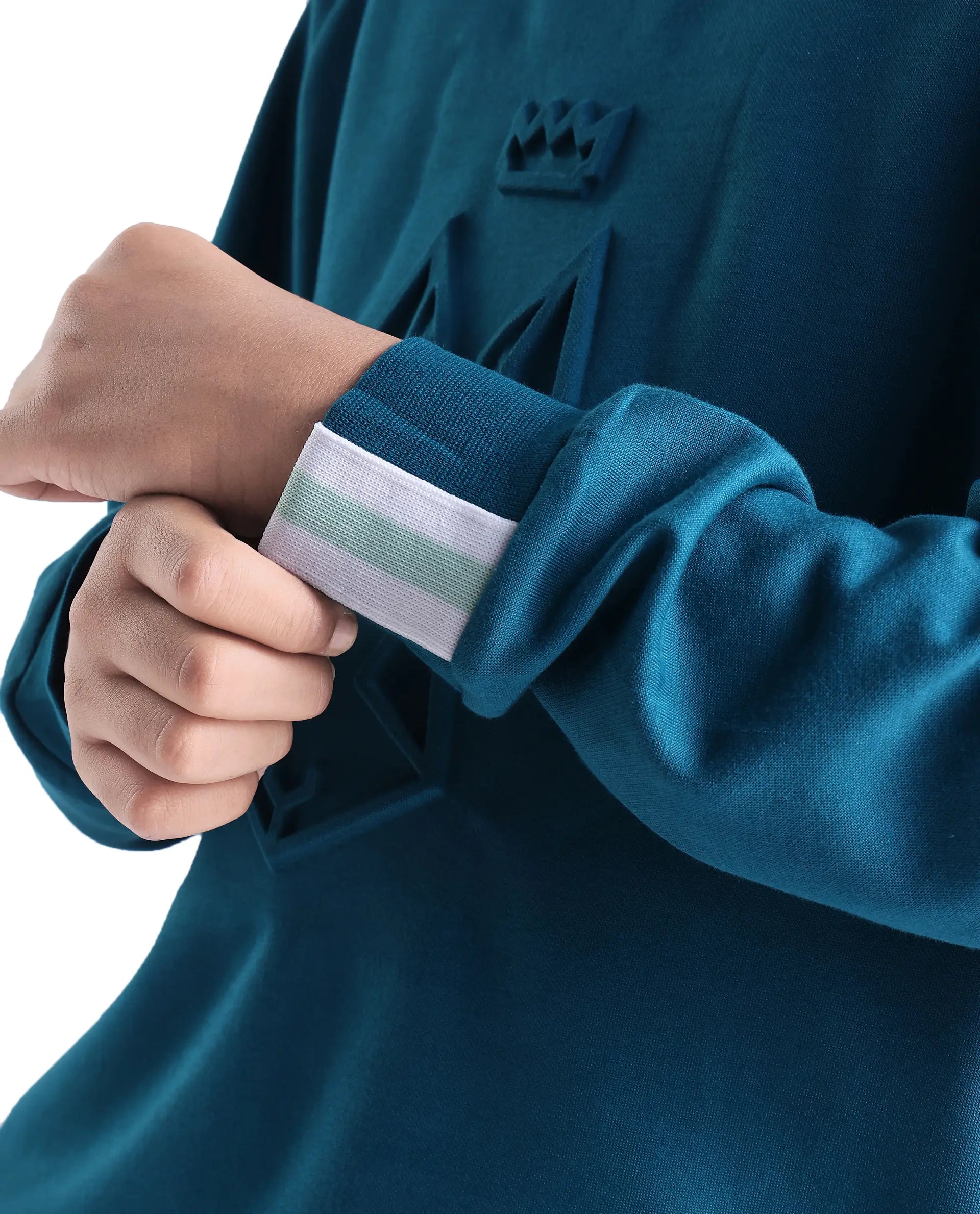 Rare Ones Kids Cadi Teal Cotton Blend Full Sleeves Embossed Oversized Sweatshirt