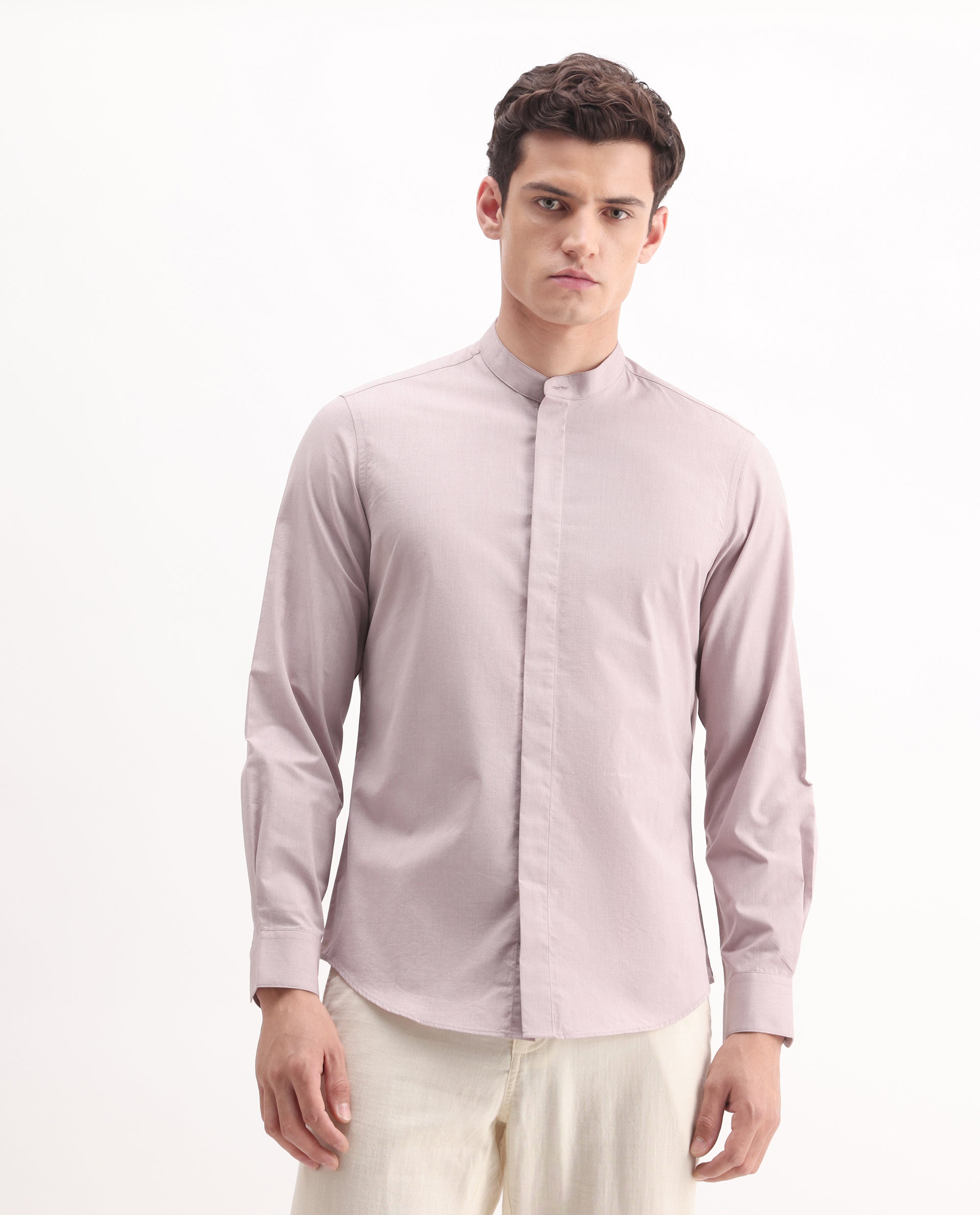 Rare Rabbit Men's Cadmi-25 Pink Cotton Blend Fabric Mandarin Collar Regular Fit Plain Shirt