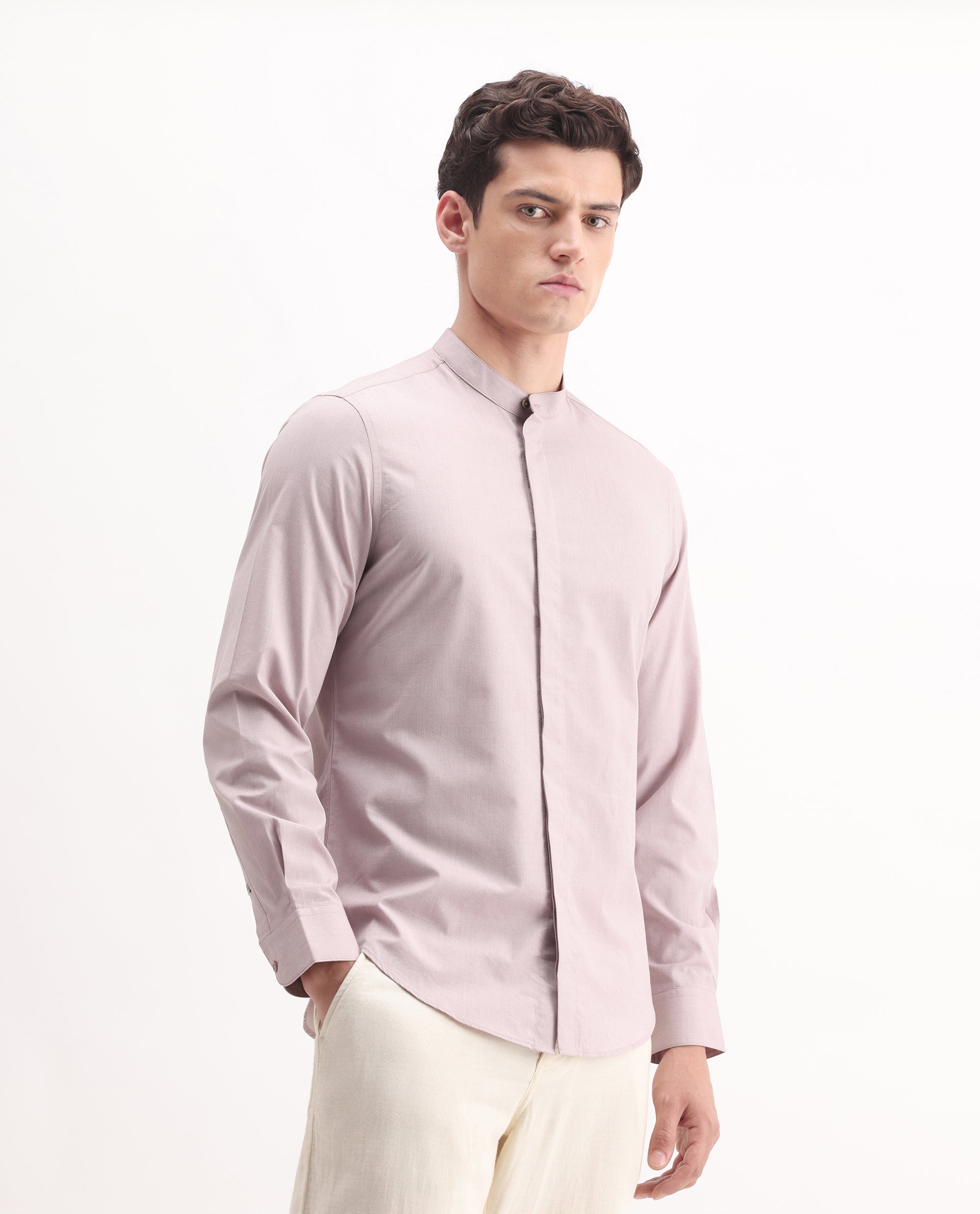 Rare Rabbit Men's Cadmi-25 Pink Cotton Blend Fabric Mandarin Collar Regular Fit Plain Shirt