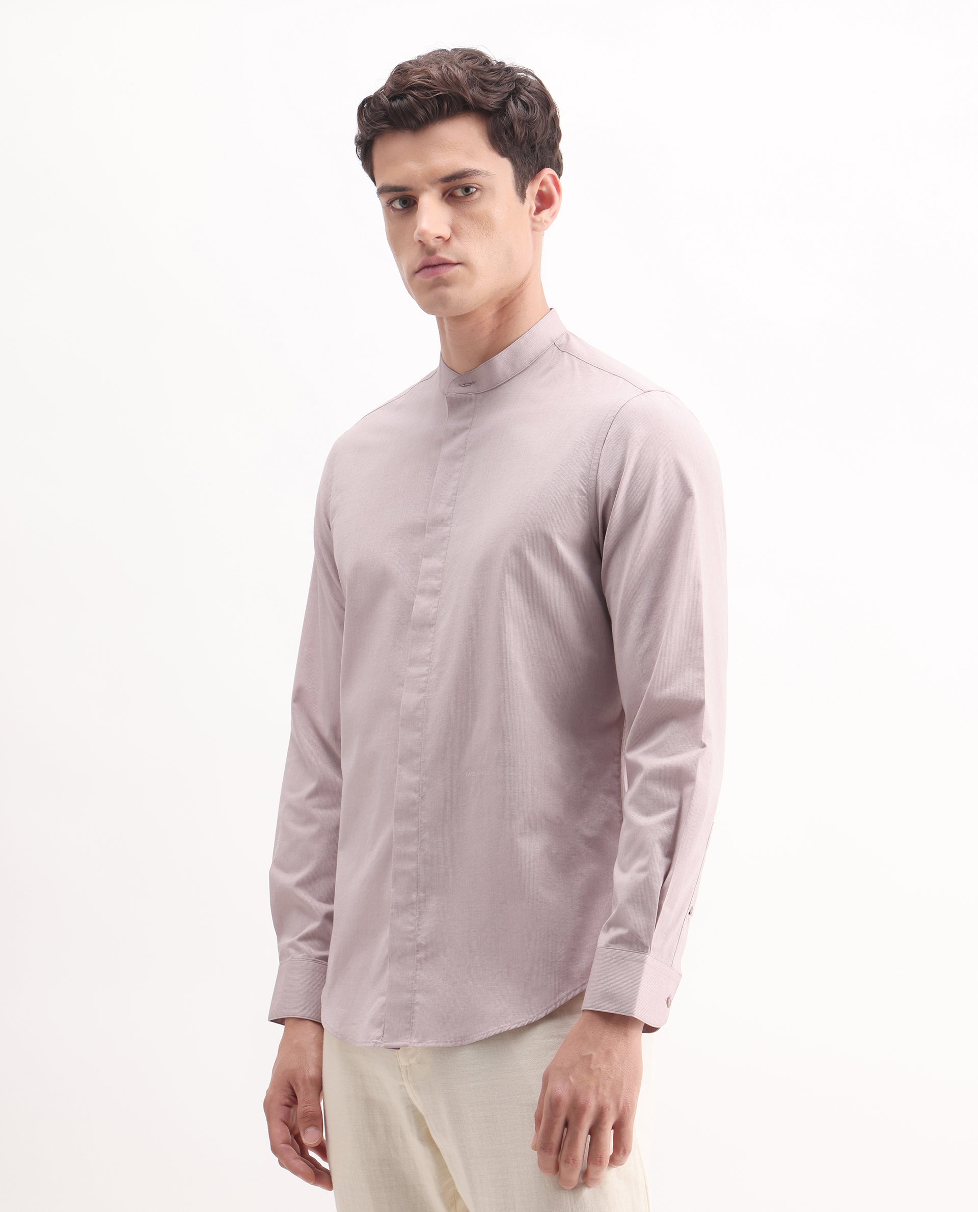 Rare Rabbit Men's Cadmi-25 Pink Cotton Blend Fabric Mandarin Collar Regular Fit Plain Shirt