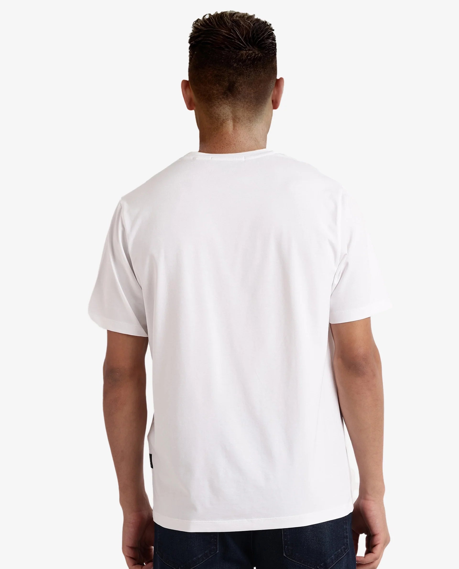 Rare Rabbit Men Caf White Cotton Lycra Fabric Short Sleeve Crew Neck Regular Fit Graphic Print T-Shirt