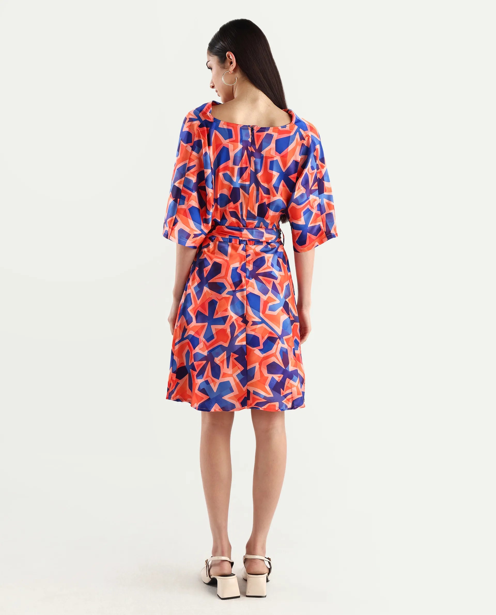 Rareism Women's Cagliari Multi Polyester Cowl Neck Abstract Print Extended Sleeves Mini Regular Fit Dress