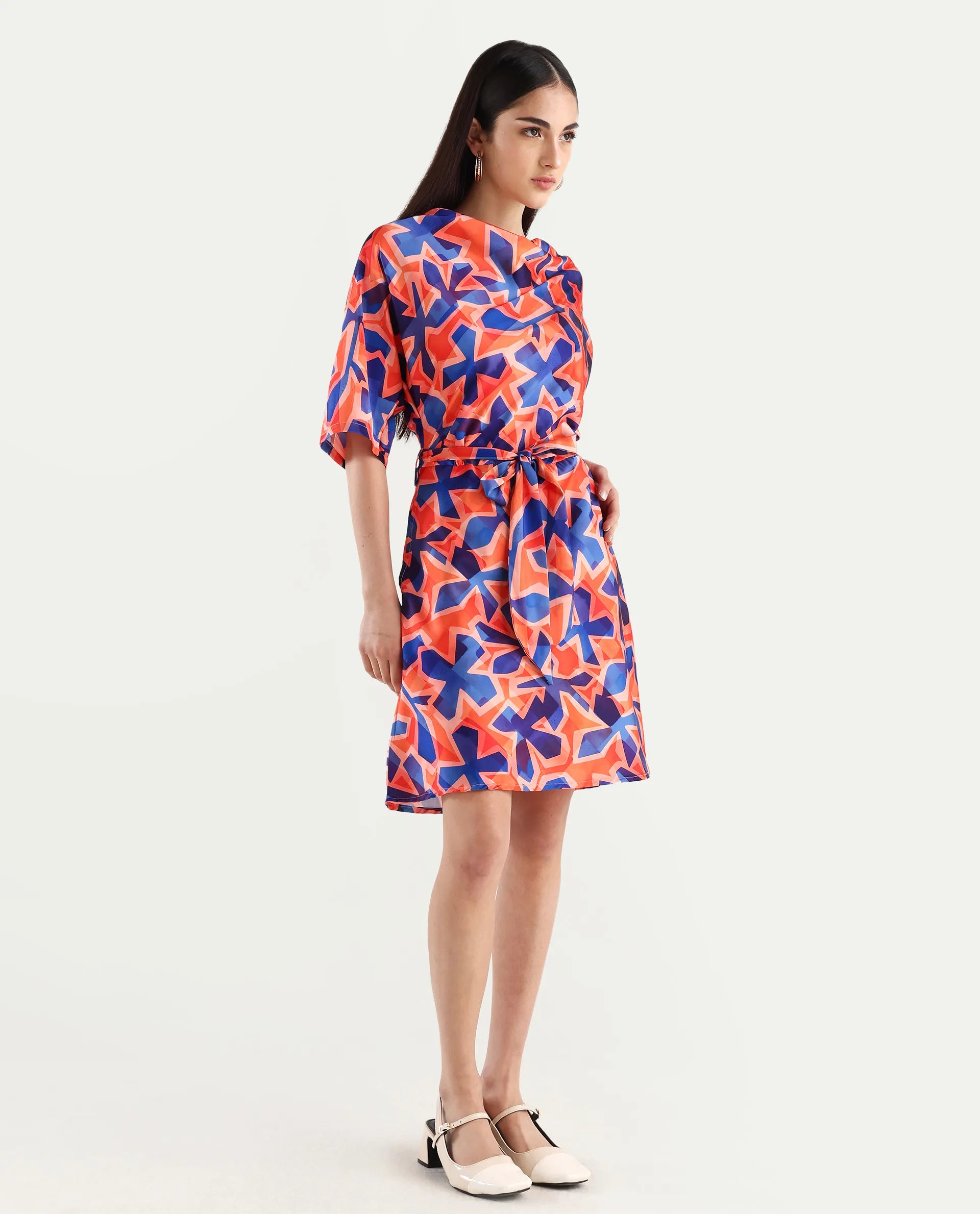 Rareism Women's Cagliari Multi Polyester Cowl Neck Abstract Print Extended Sleeves Mini Regular Fit Dress