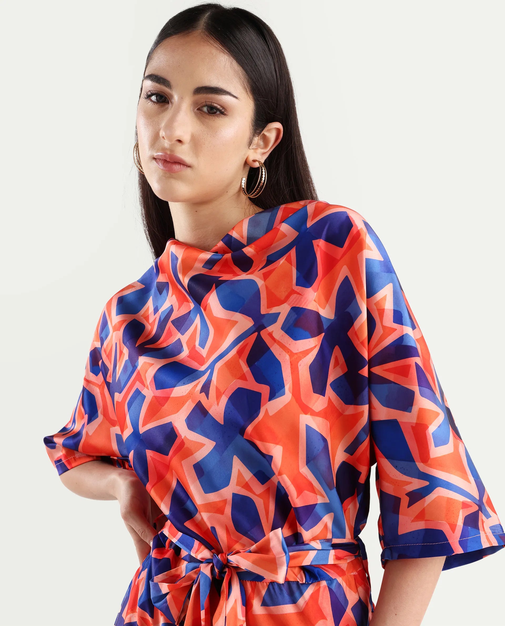 Rareism Women's Cagliari Multi Polyester Cowl Neck Abstract Print Extended Sleeves Mini Regular Fit Dress