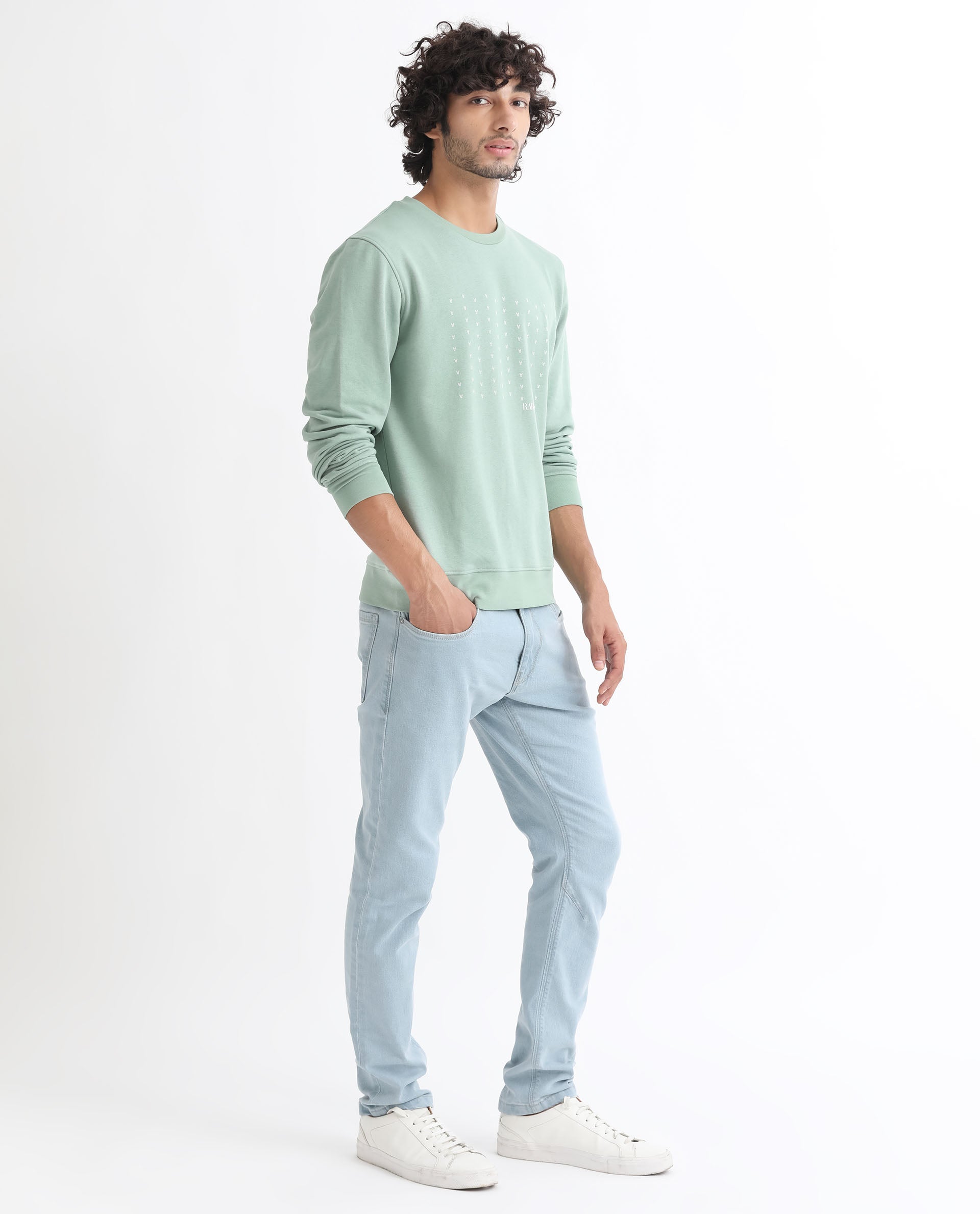 Rare Rabbit Men's Gale Green Cotton Polyester Fabric Full Sleeves Logo Graphic Print Sweatshirt