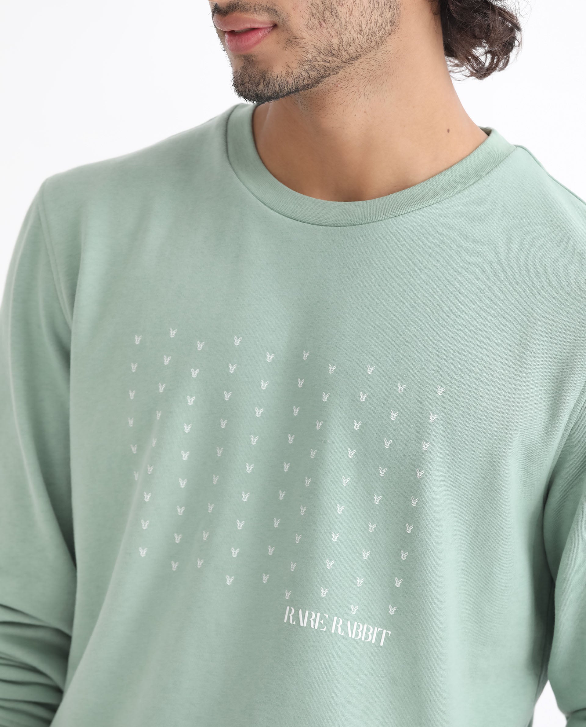 Rare Rabbit Men's Gale Green Cotton Polyester Fabric Full Sleeves Logo Graphic Print Sweatshirt