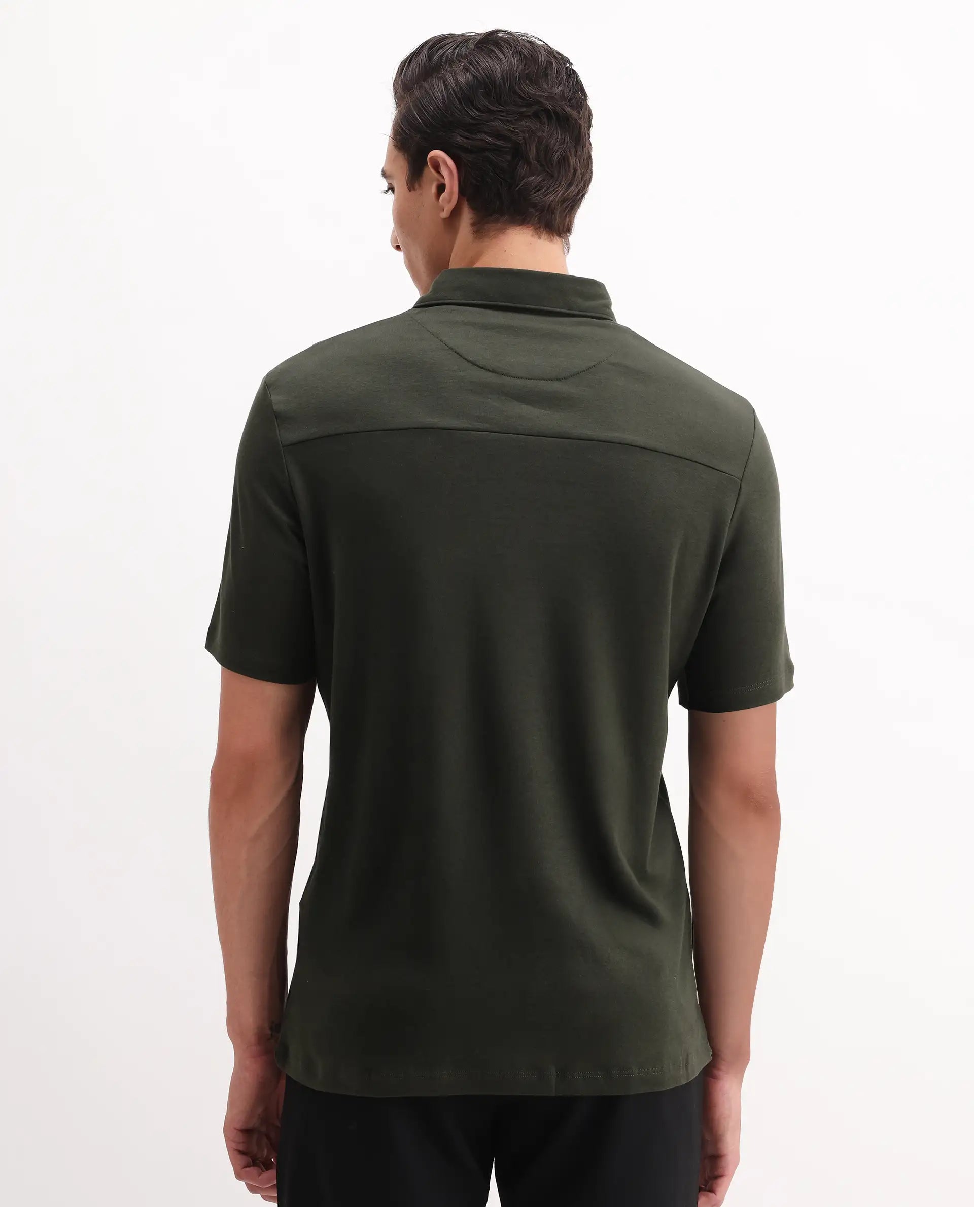 Rare Rabbit Men's Calix Olive Cotton Embroidered Regular Fit Half Sleeve Polo