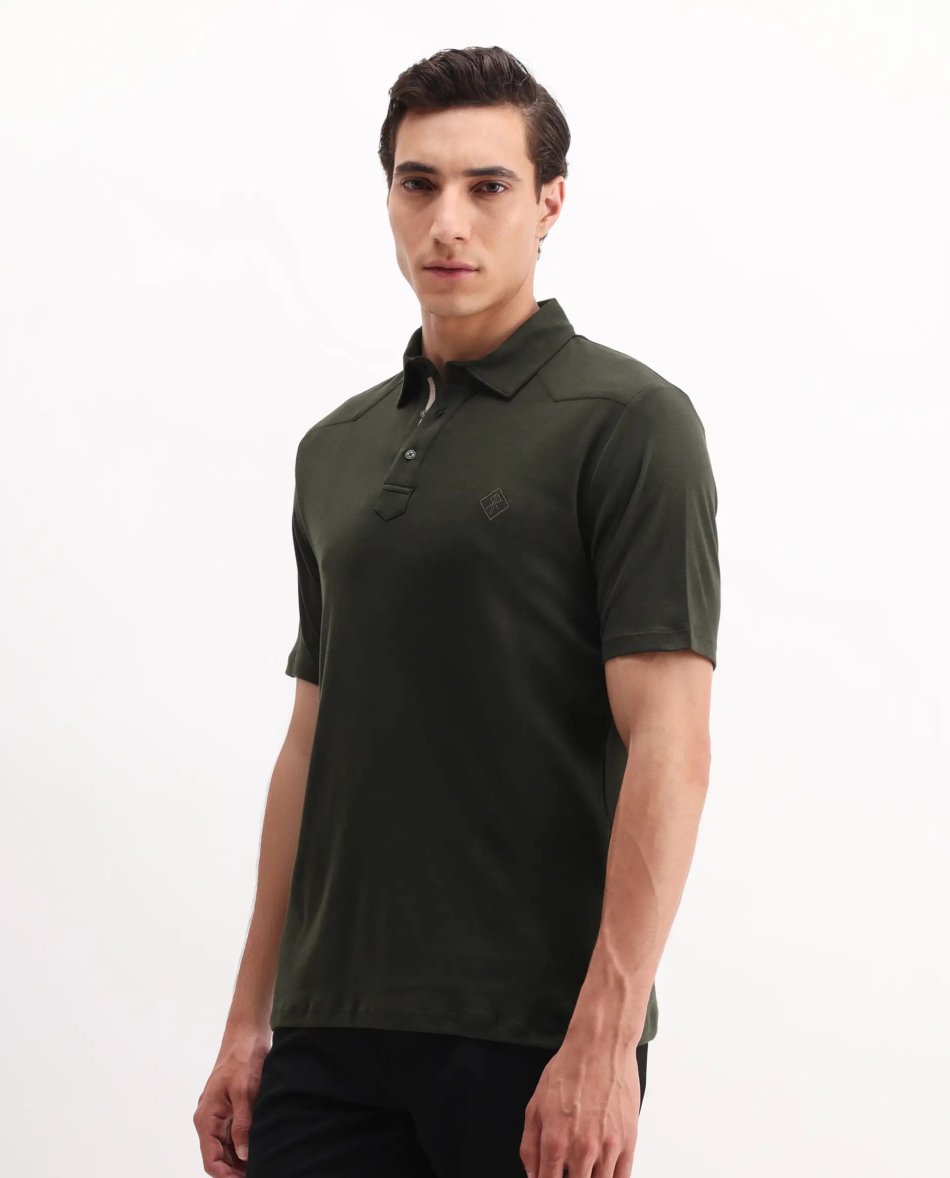 Rare Rabbit Men's Calix Olive Cotton Embroidered Regular Fit Half Sleeve Polo
