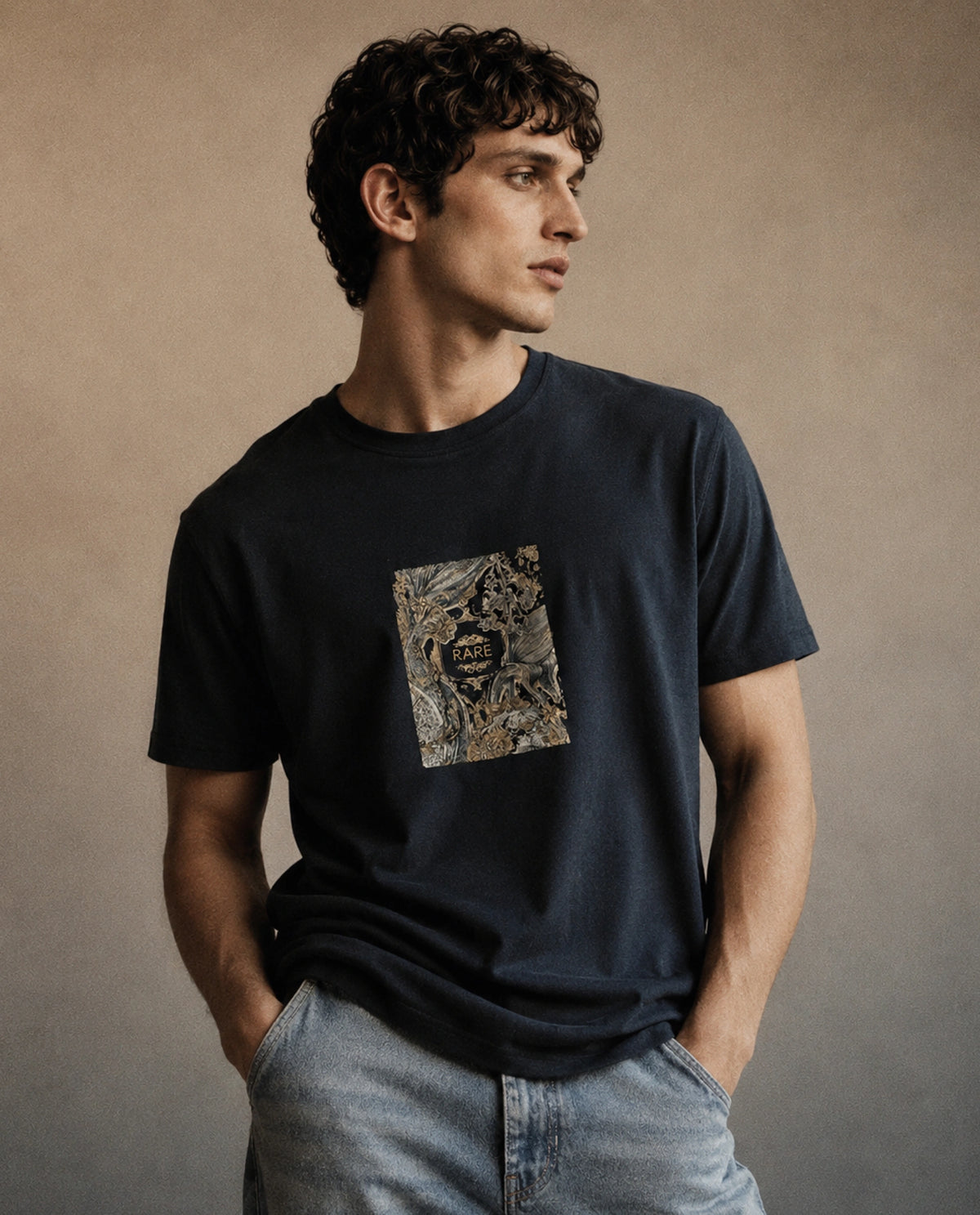 Rare Rabbit Men's Callum Navy Cotton Blend Crew Neck Regular Graphic Print T-Shirt
