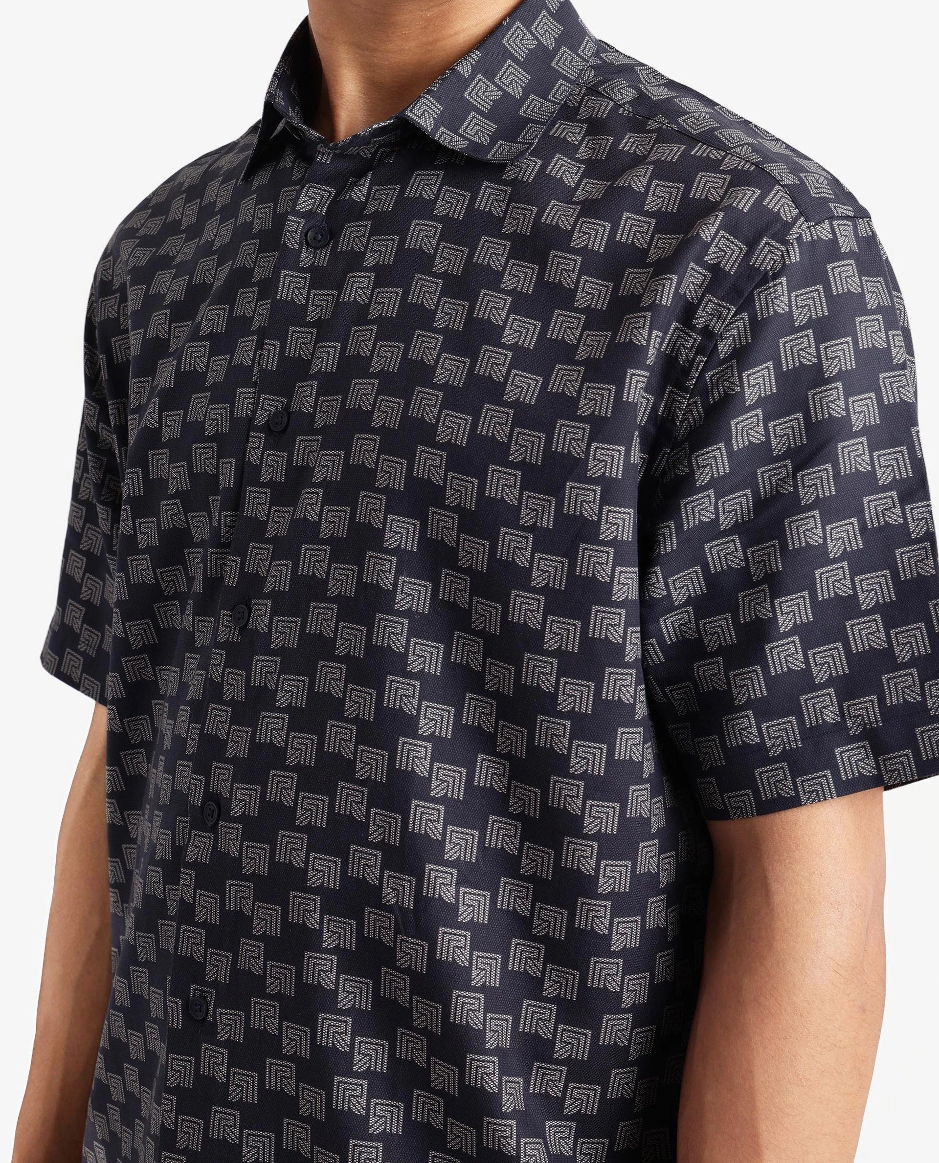 Rare Rabbit Men Calo Navy Short Sleeve Regular Collar Button Closure Boxy Fit Monogram Print Shirt