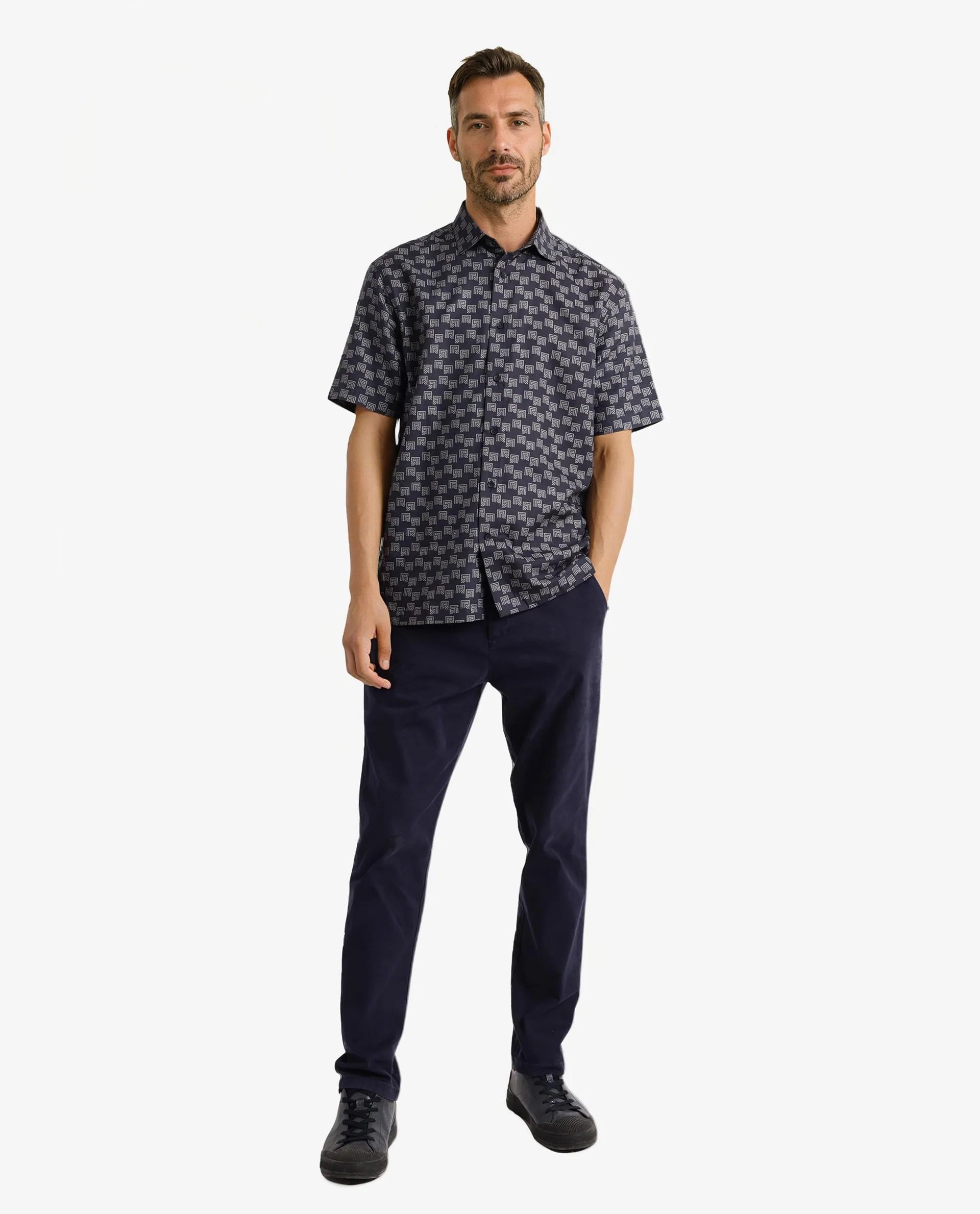 Rare Rabbit Men Calo Navy Short Sleeve Regular Collar Button Closure Boxy Fit Monogram Print Shirt