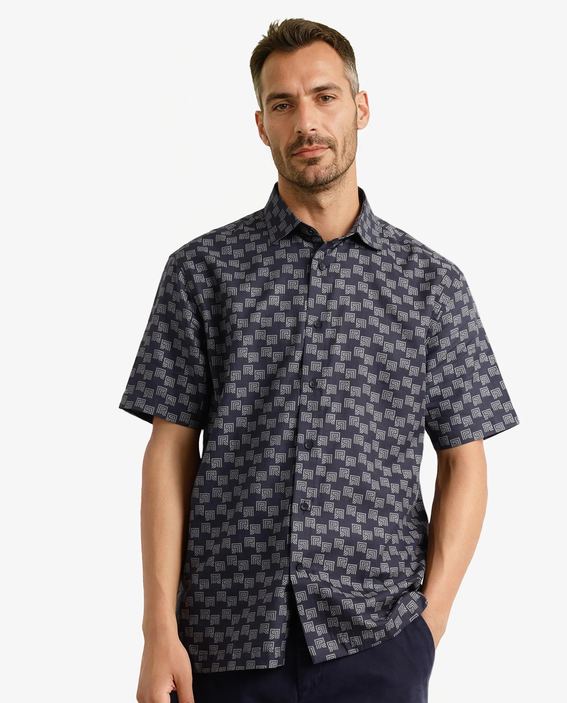 Rare Rabbit Men Calo Navy Short Sleeve Regular Collar Button Closure Boxy Fit Monogram Print Shirt