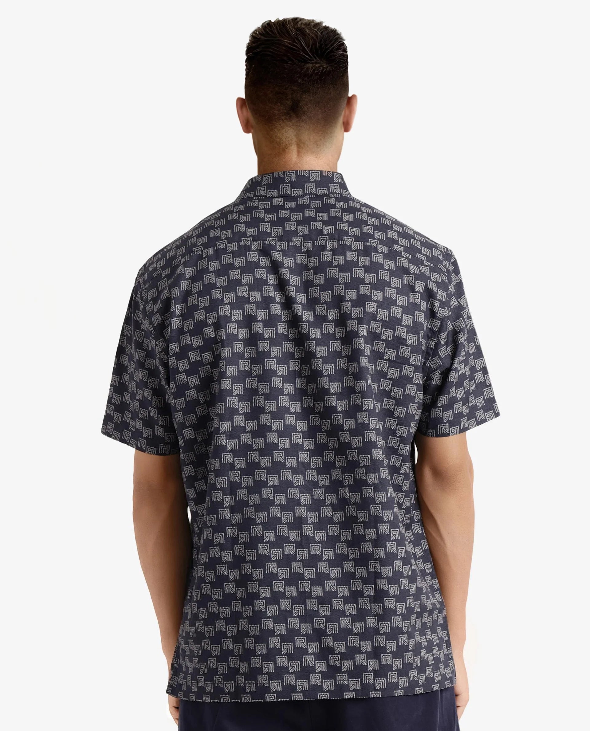 Rare Rabbit Men Calo Navy Short Sleeve Regular Collar Button Closure Boxy Fit Monogram Print Shirt