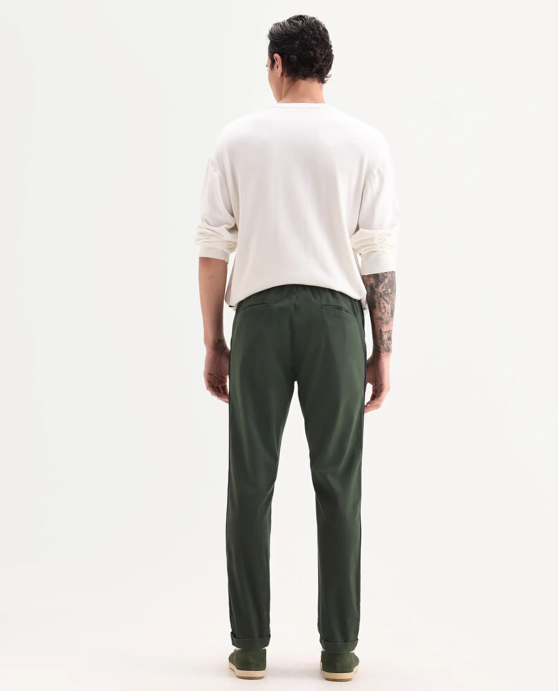 Rare Rabbit Men's Caloon Green Cotton Blend Plain Regular Fit Trouser