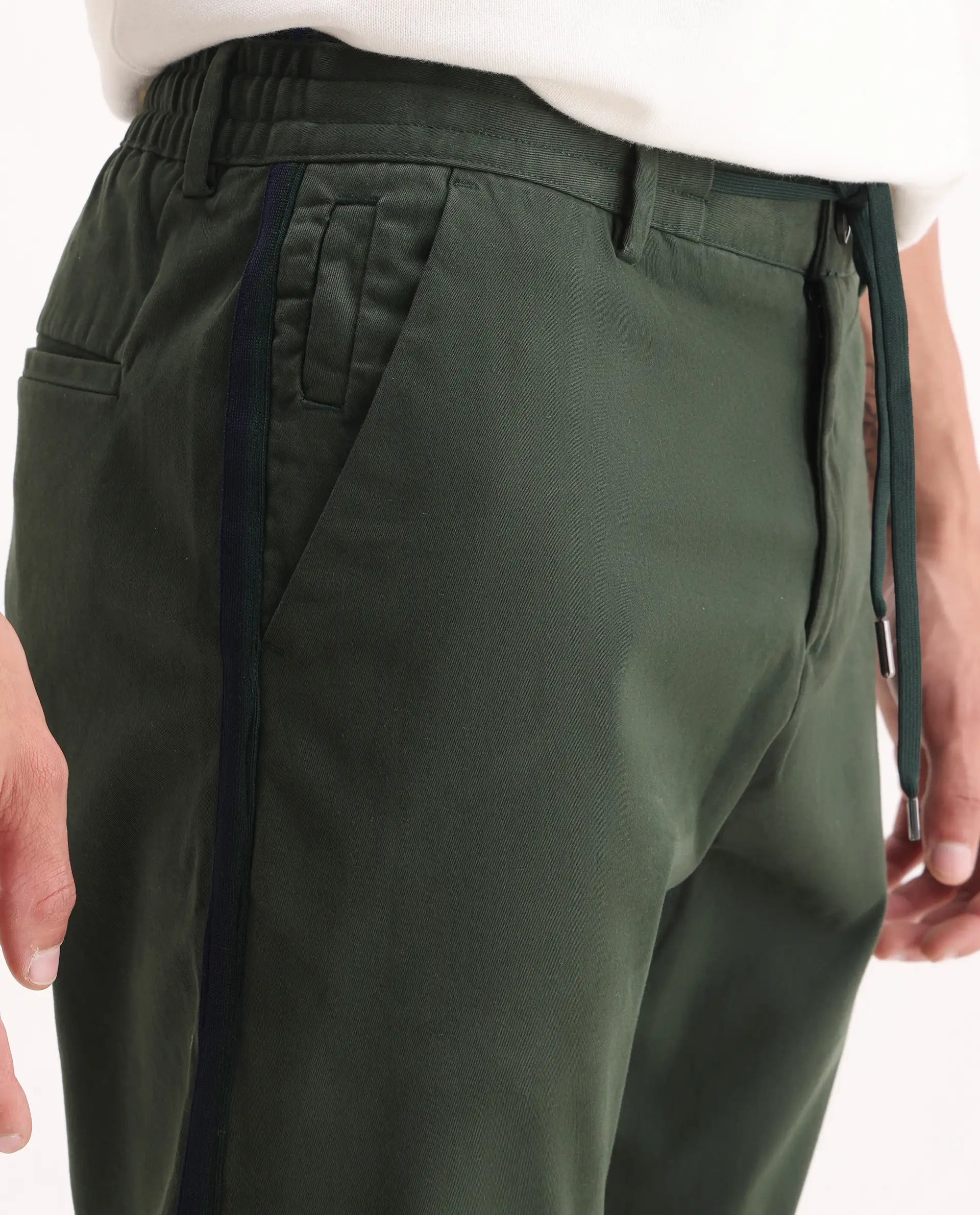 Rare Rabbit Men's Caloon Green Cotton Blend Plain Regular Fit Trouser