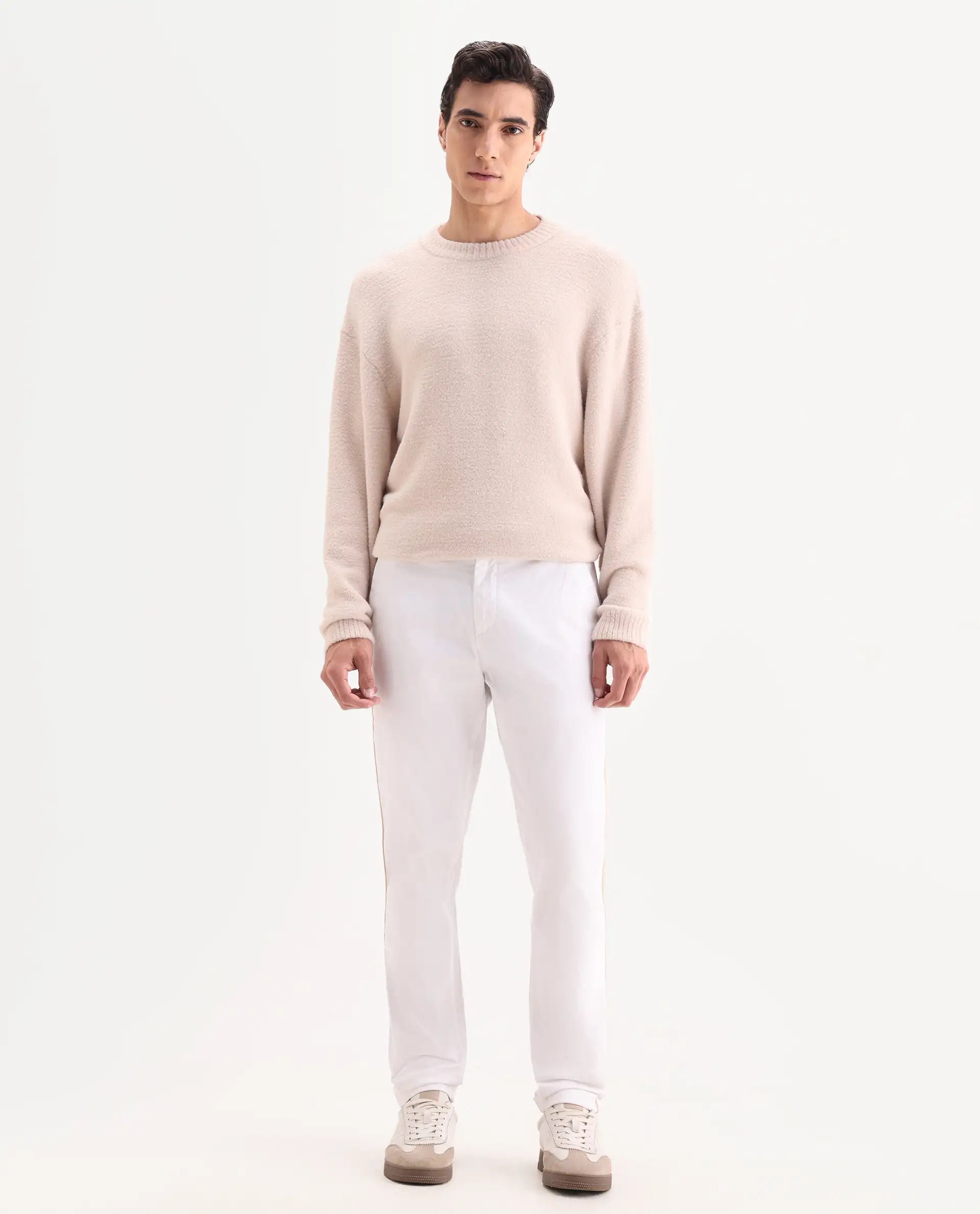 Rare Rabbit Men's Caloon White Cotton Blend Plain Regular Fit Trouser