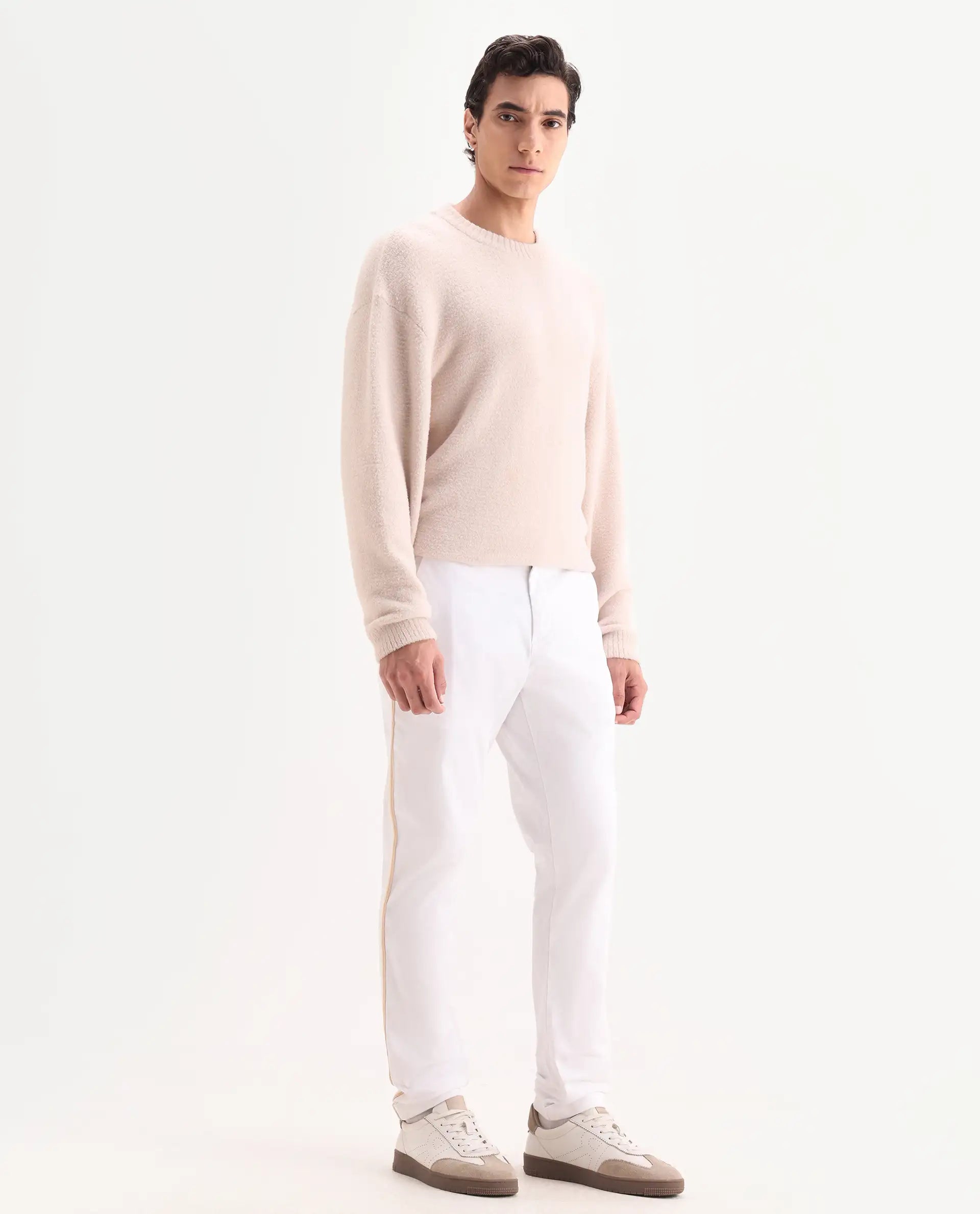 Rare Rabbit Men's Caloon White Cotton Blend Plain Regular Fit Trouser